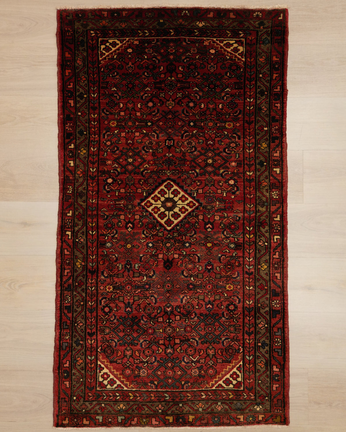 Persian Hamadan Husseinabad Rug | 3' 6" X 6' 4" | Red Colour | Geometric Design | Tribal Production