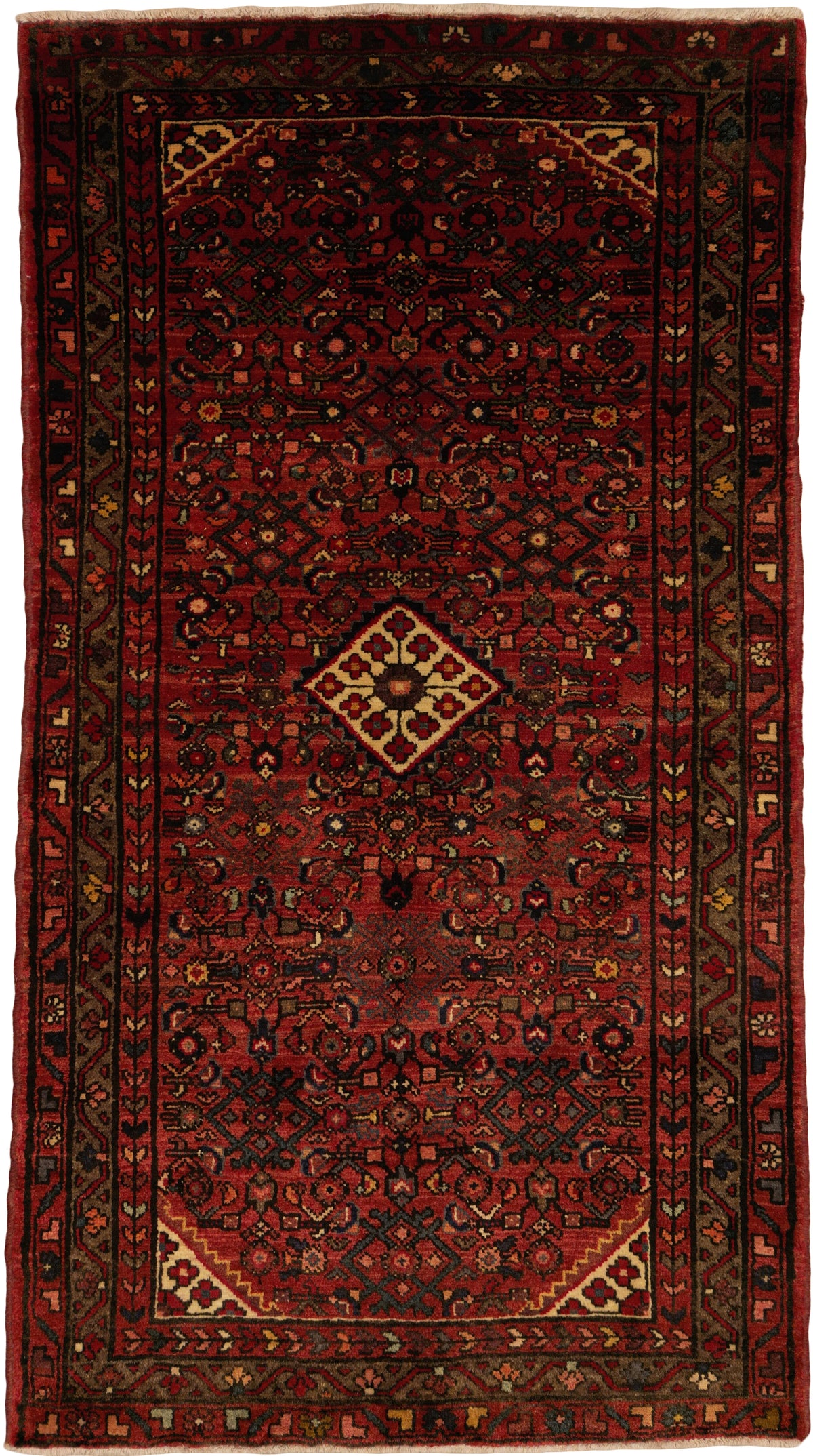 Persian Hamadan Husseinabad Rug | 3' 6" X 6' 4" | Red Colour | Geometric Design | Tribal Production