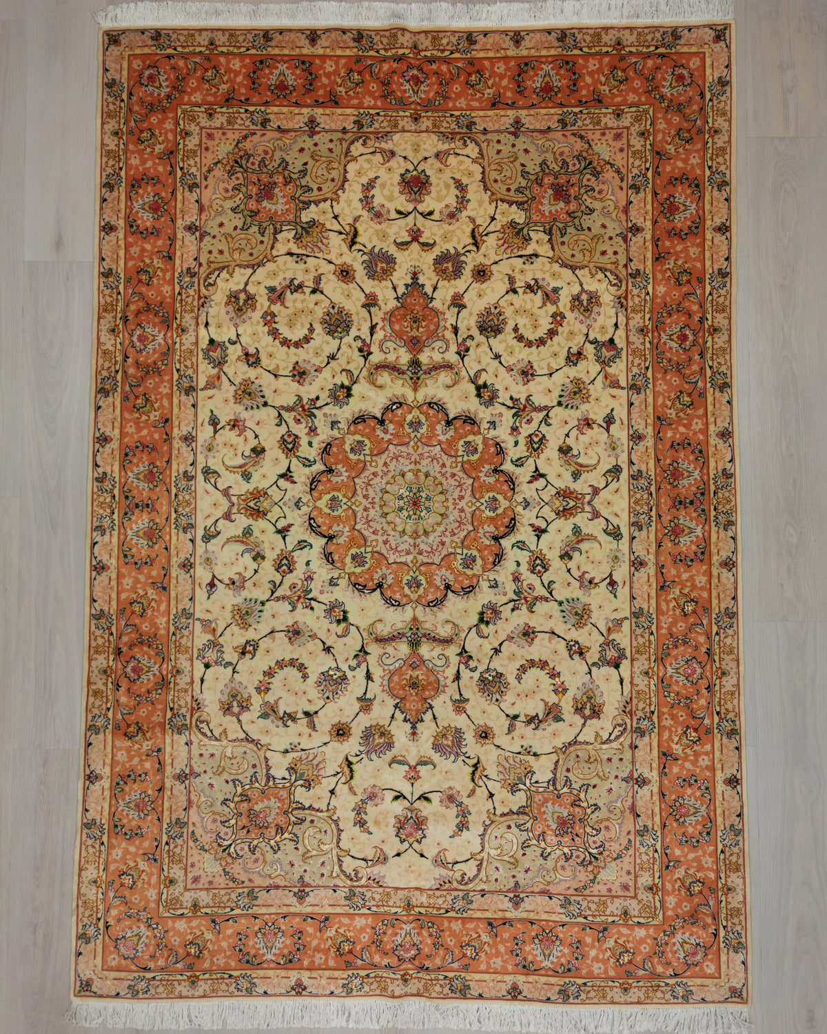 Persian Tabriz Rug | 6' 8" X 9' 10" | Peach & Beige Colours | Floral Medallion Design | Urban Production