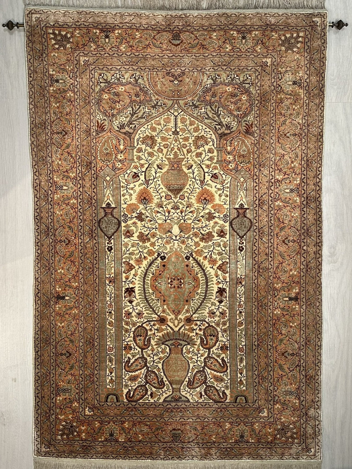 Vintage Turkish Kayseri Rug Circa 1960 | 2' 11" X 4' 4" | Pure Silk | Light Colours | Vase/Mihrab Design | Urban Production