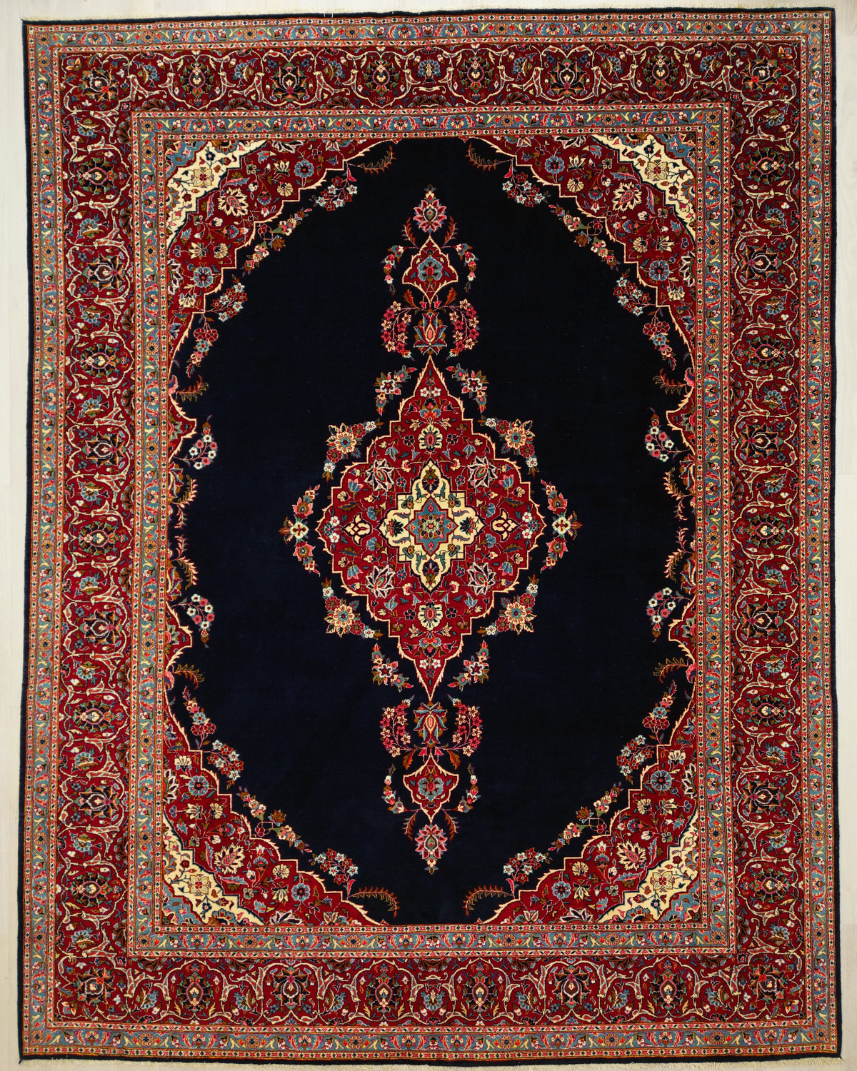 Persian Kashan Rug | 8' 12" X 11' 8" | Midnight Blue & Red Colours | Medallion Design | Urban Production
