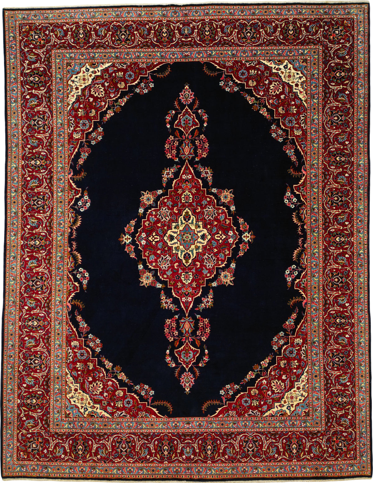 Persian Kashan Rug | 8' 12" X 11' 8" | Midnight Blue & Red Colours | Medallion Design | Urban Production