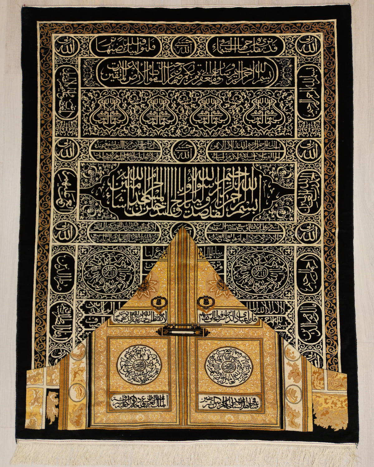 Pure Silk Bab Al-Kaaba Rug | 4' 8" X 5' 12" | Gold & Black Colours | Kaaba-Door Design | Urban Production