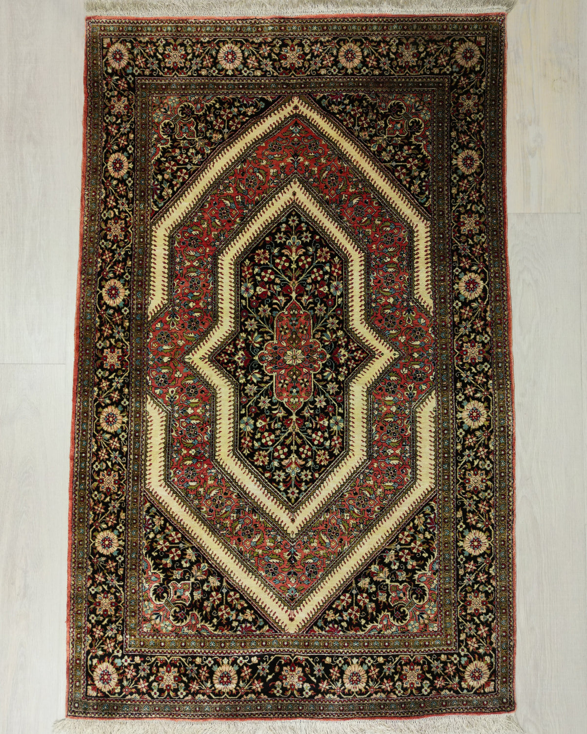 Persian Qom Rug | 3' 6" X 5' 7" | Pure Silk | Pink & Black Colours | Medallion Design | Urban Production