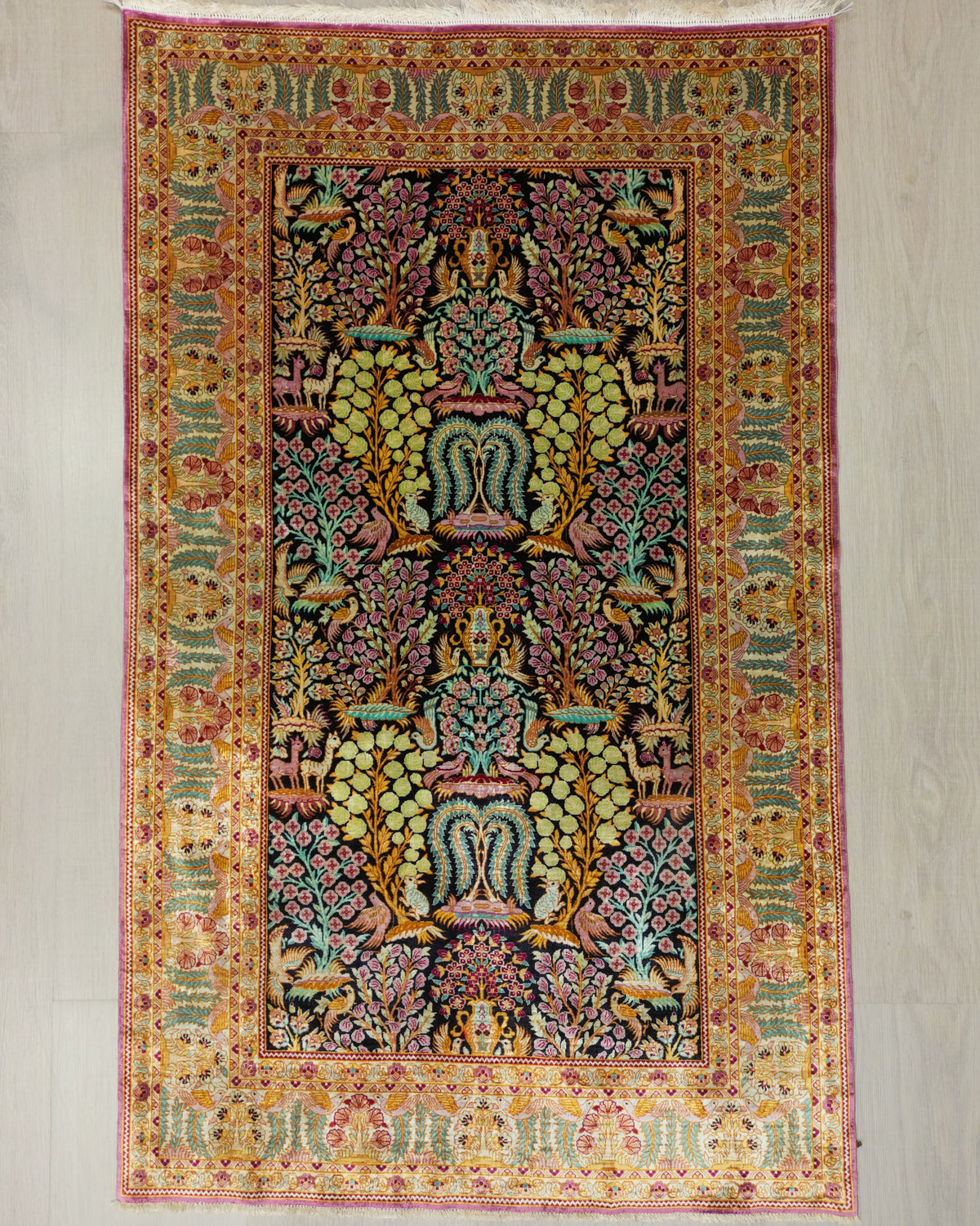 Persian Qom Rug | 3' 1" X 4' 12" | Pure Silk | Multicolour | Flora & Fauna Design | Urban Production