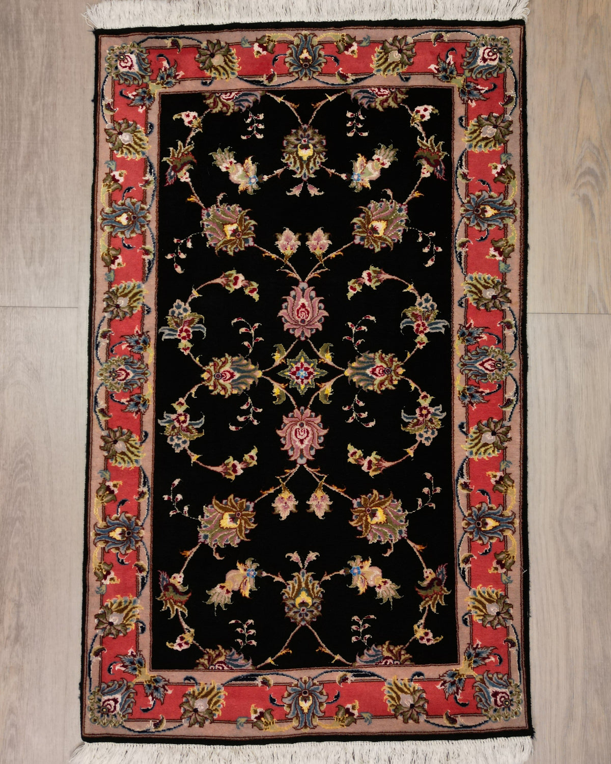 Persian Tabriz Rug | 2' 5" X 3' 11" | Black & Pink Colours | Allover Floral Design | Urban Production