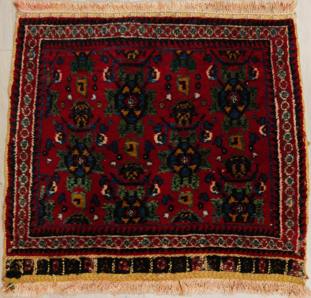 Vintage Persian Neriz Rug Circa 1950 | 2' 1" X 1' 9" | Red Colour | Allover Design | Khorjin | Tribal Production