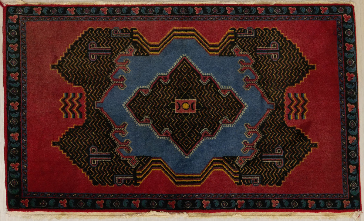 Persian Senneh Rug | 3' 3" X 1' 11" | Red & Blue Colours | Geometric Design | Tribal Production