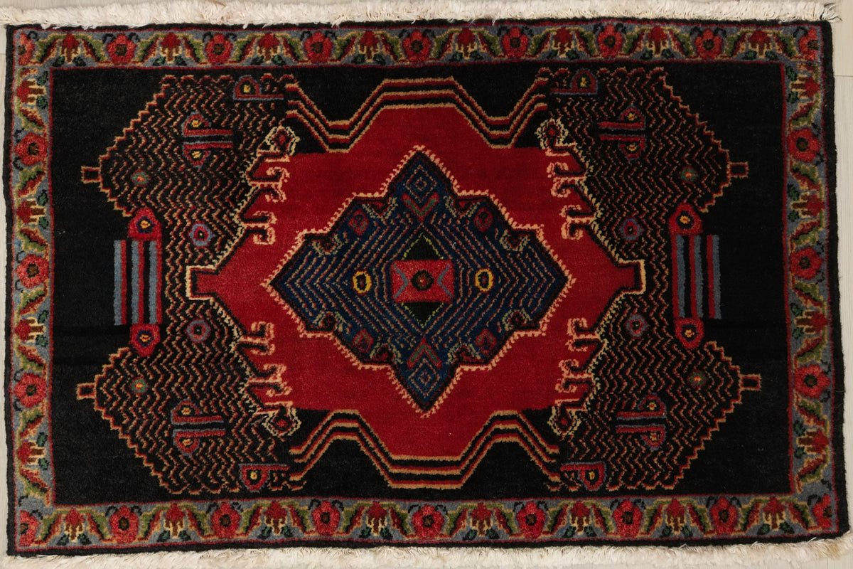 Persian Senneh Rug | 3' 0" X 1' 11" | Midnight Blue & Red Colours | Geometric Design | Tribal Production