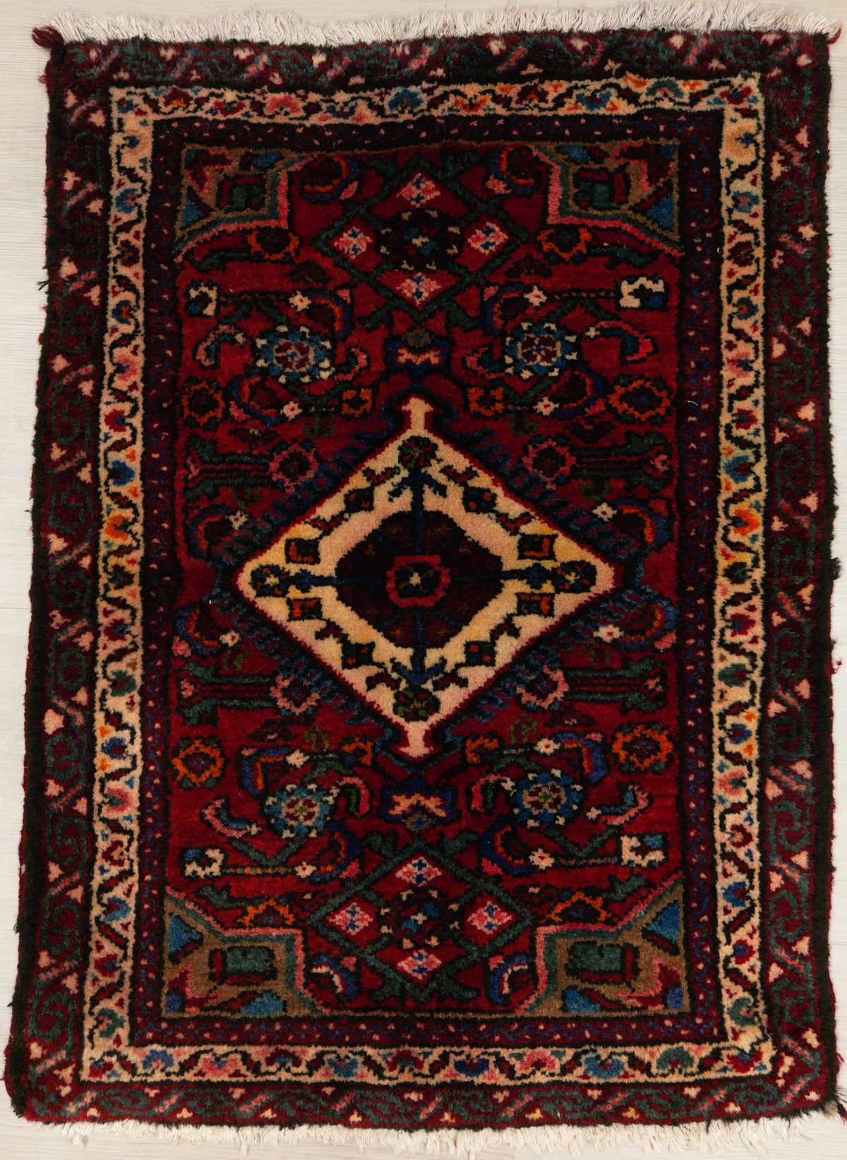 Persian Hamadan Rug | 2' 3" X 2' 11" | Red & White Colours | Geometric Design | Tribal Production