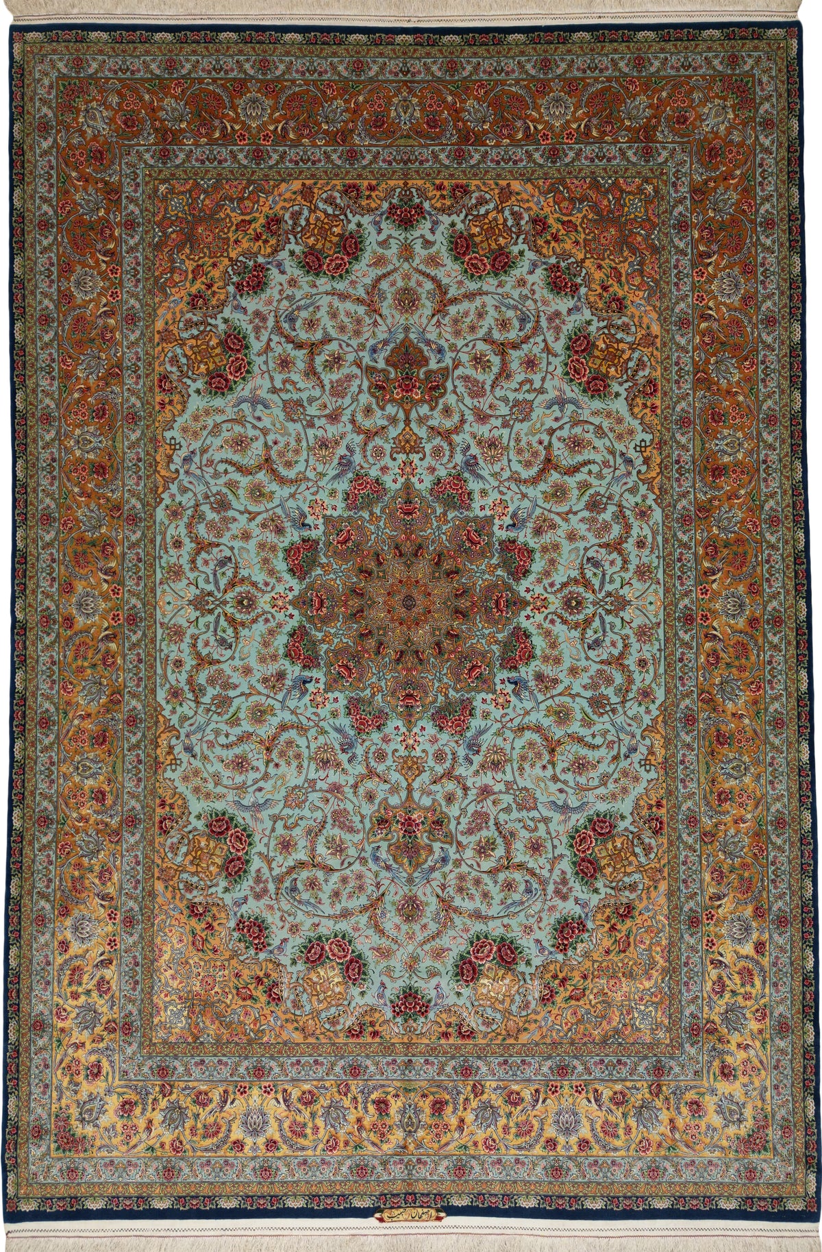 Persian Isfahan Rug | 8' 2" X 12' 2" |Wool & Silk | Extremely Fine | Light Blue & Peach Colours |Floral Medallion Design | Urban Production