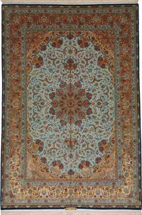 Persian Isfahan Rug | 8' 2" X 12' 2" |Wool & Silk | Extremely Fine | Light Blue & Peach Colours |Floral Medallion Design | Urban Production