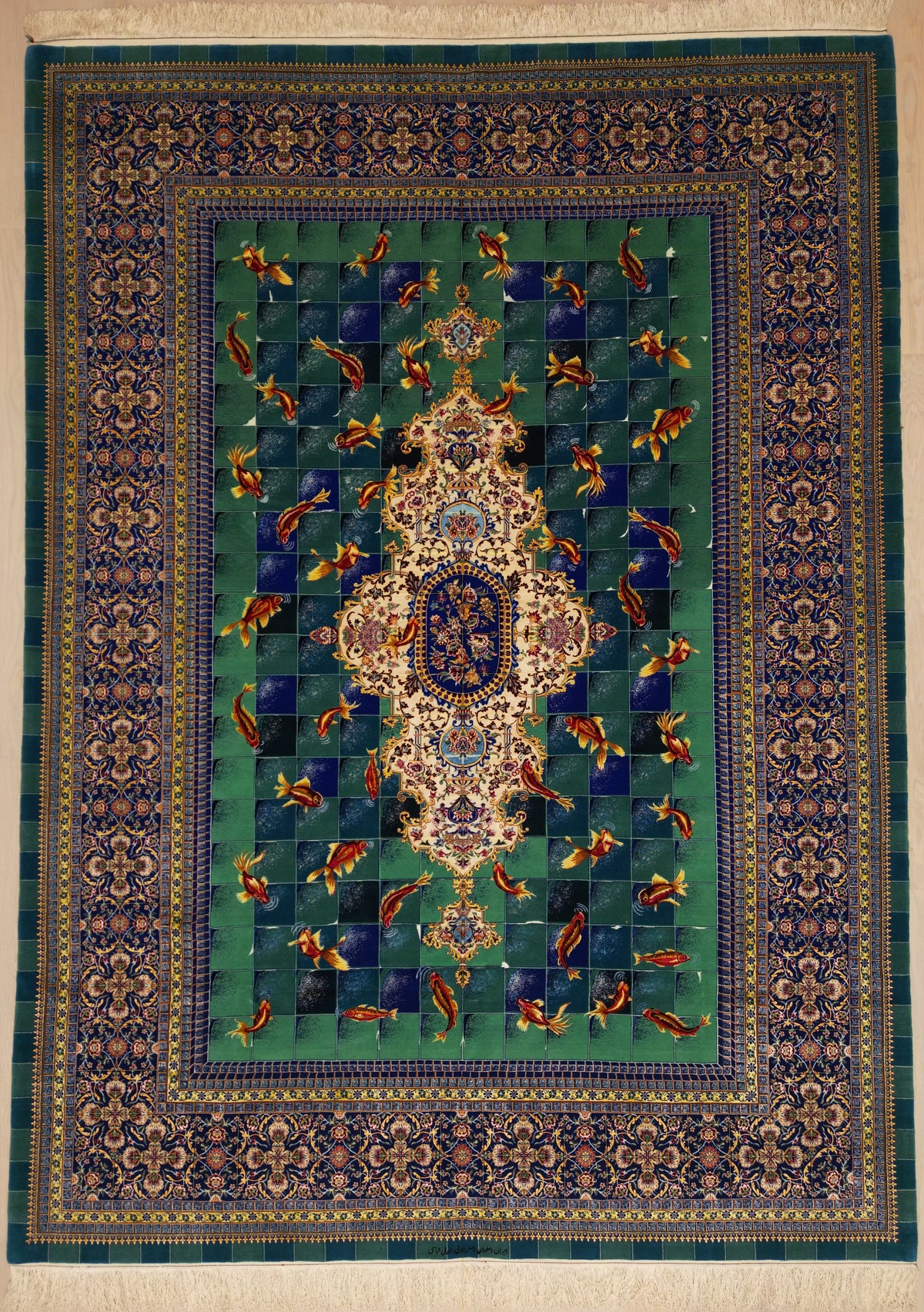 Persian Isfahan Rug | 8' 2" X 11' 2" | Wool & Silk | Extremely Fine | Aqua Colour | Fish Pond Design | Urban Production