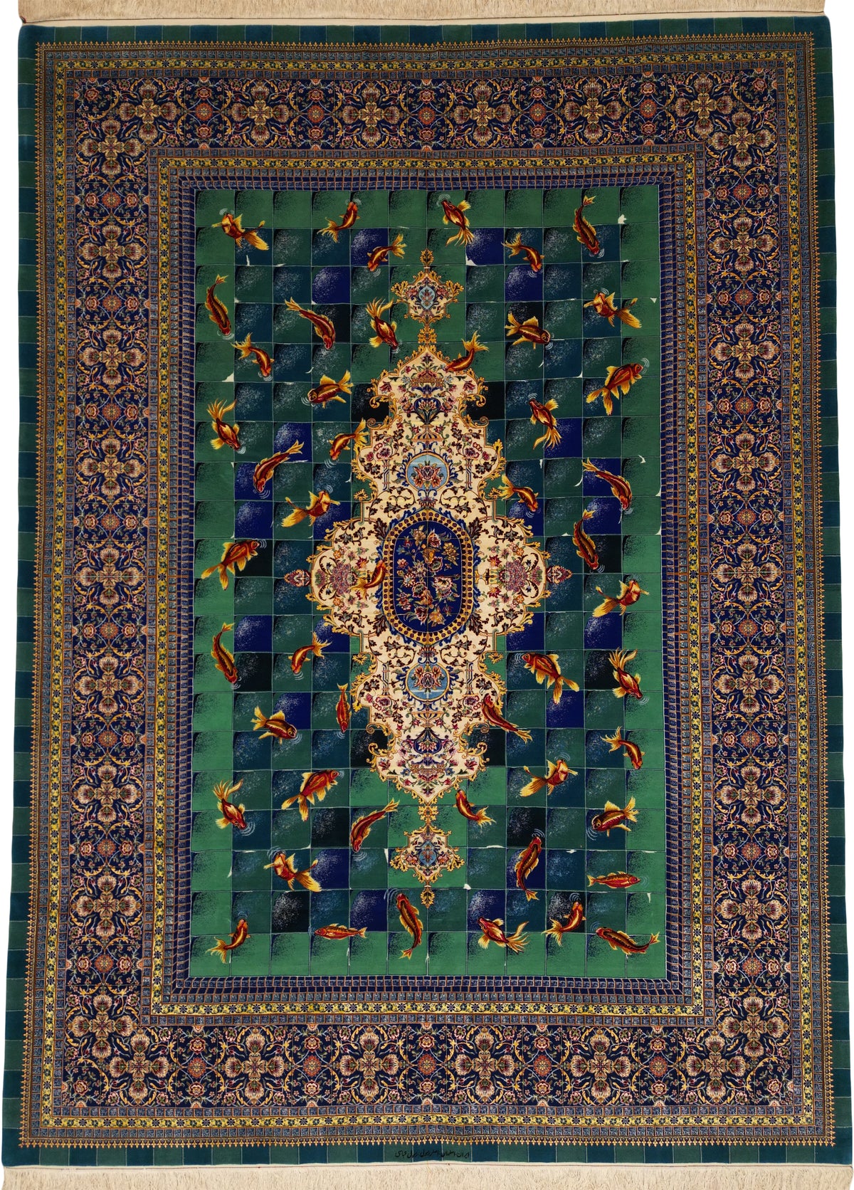 Persian Isfahan Rug | 8' 2" X 11' 2" | Wool & Silk | Extremely Fine | Aqua Colour | Fish Pond Design | Urban Production