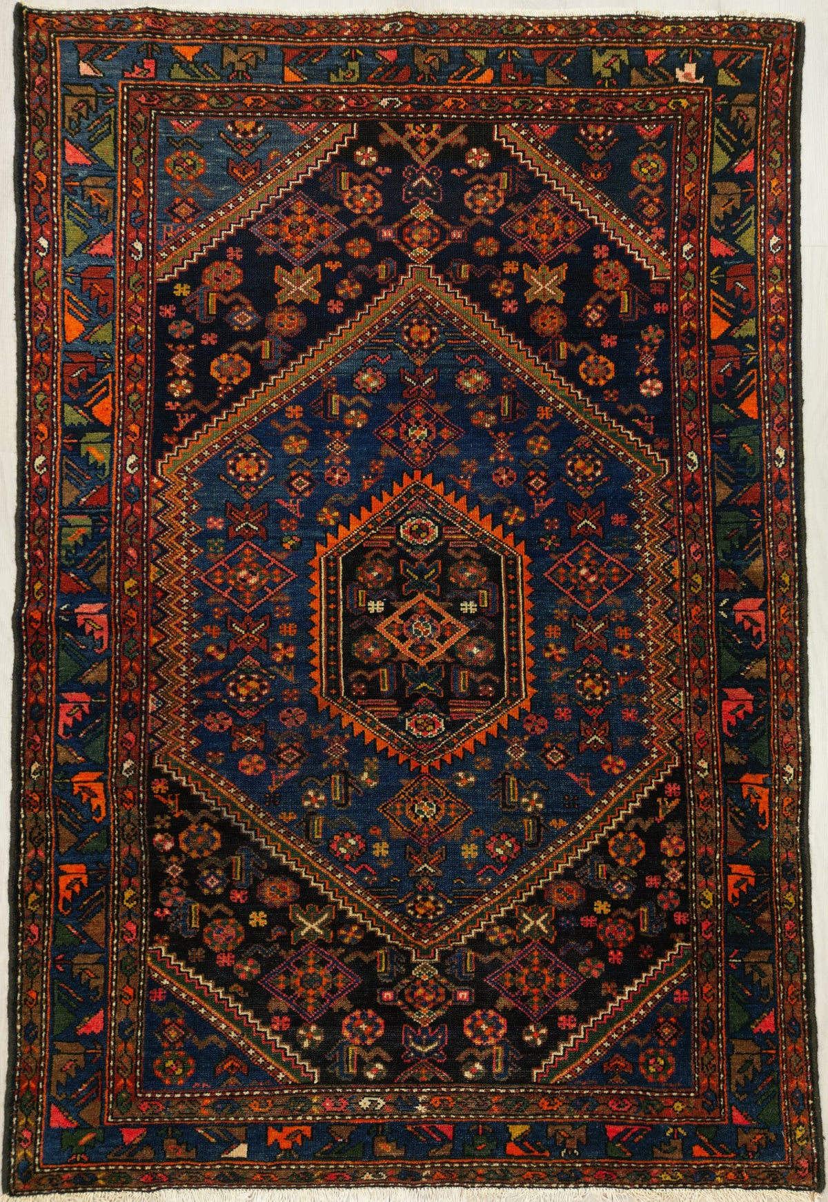 Vintage Persian Zanjan Rug Circa 1940 | 4' 5" X 6' 7" | Blue & Orange Colours | Geometric Design | Tribal Production