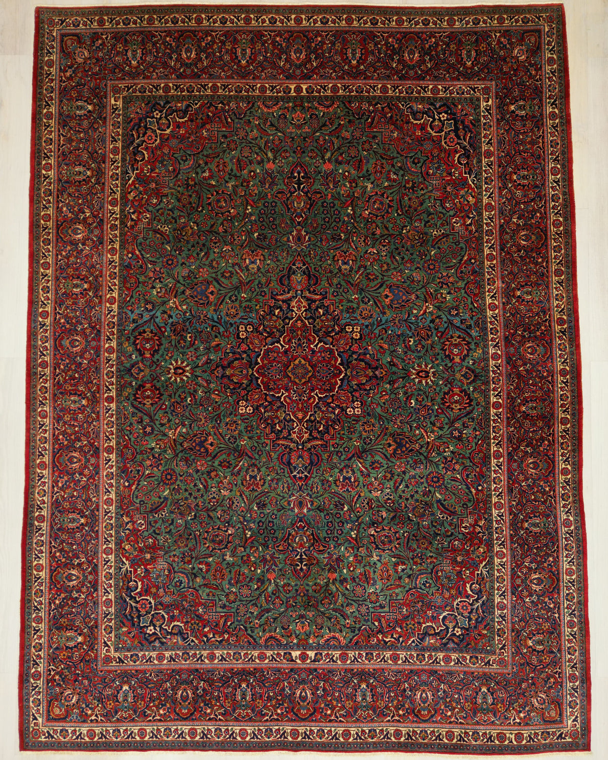 Antique Persian Kashan Rug Circa 1920 | 8' 10" X 11' 10" | Green & Red Colours | Floral Medallion Design | Urban Production