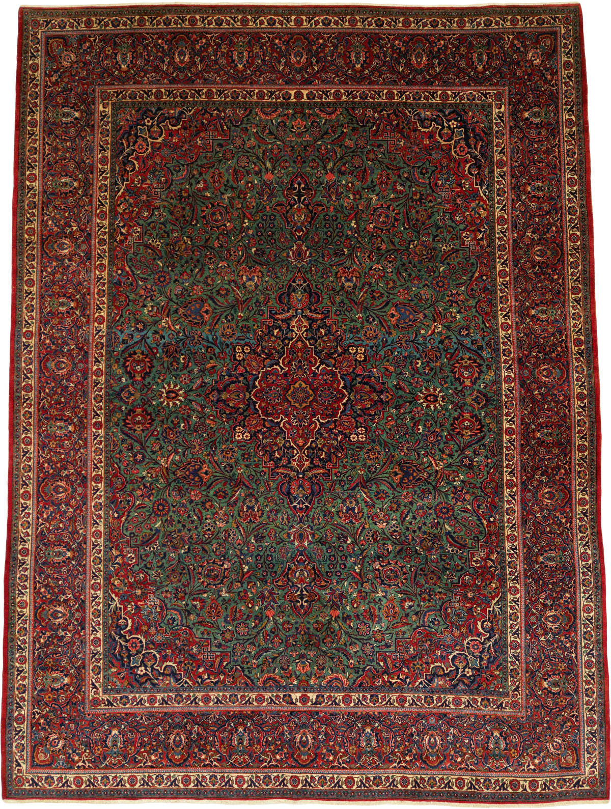 Antique Persian Kashan Rug Circa 1920 | 8' 10" X 11' 10" | Green & Red Colours | Floral Medallion Design | Urban Production