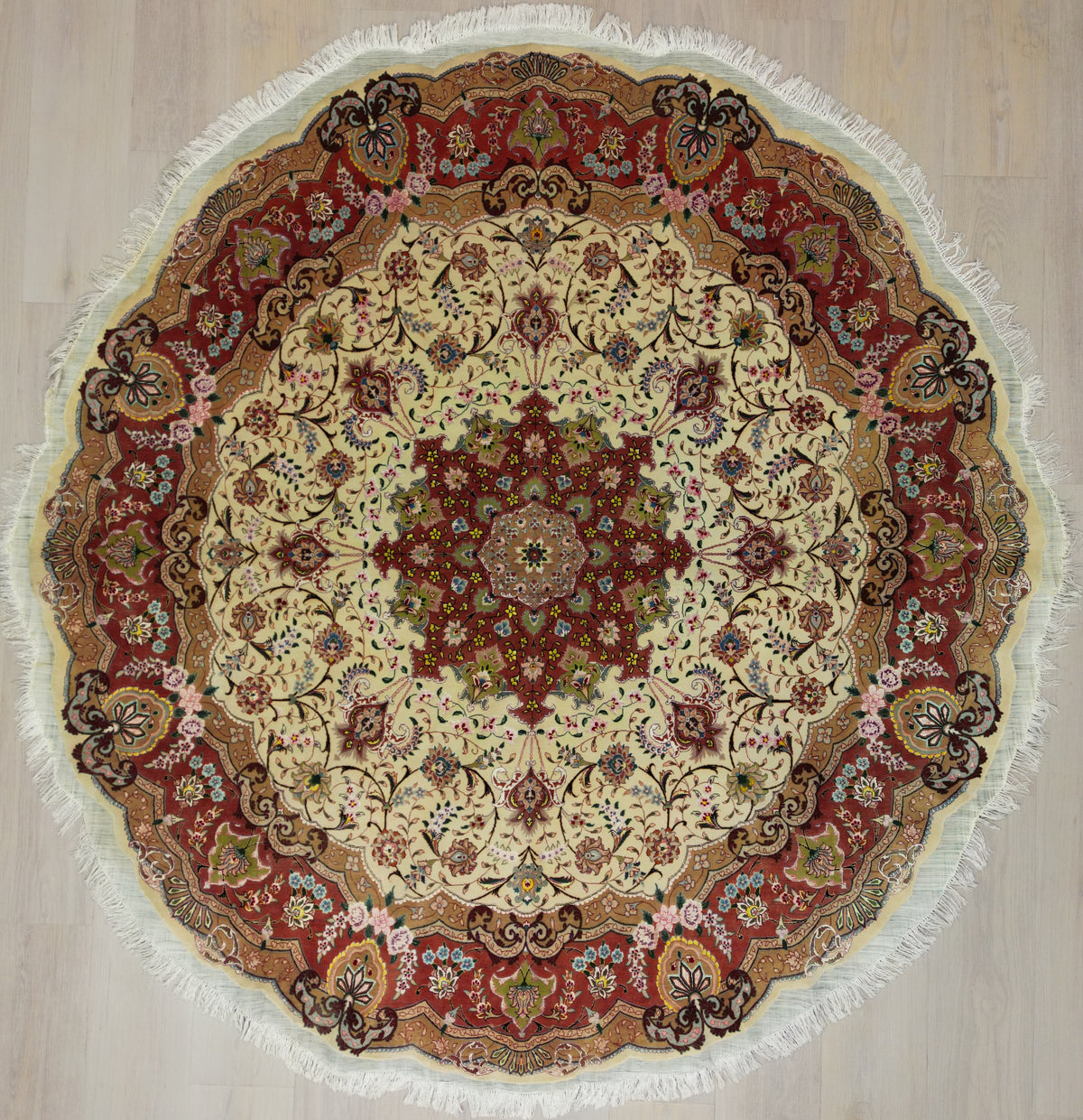Persian Tabriz Round Rug | 8' 2" X 8' 2" | Beige & Pink Colours | Floral Medallion Design | Urban Production