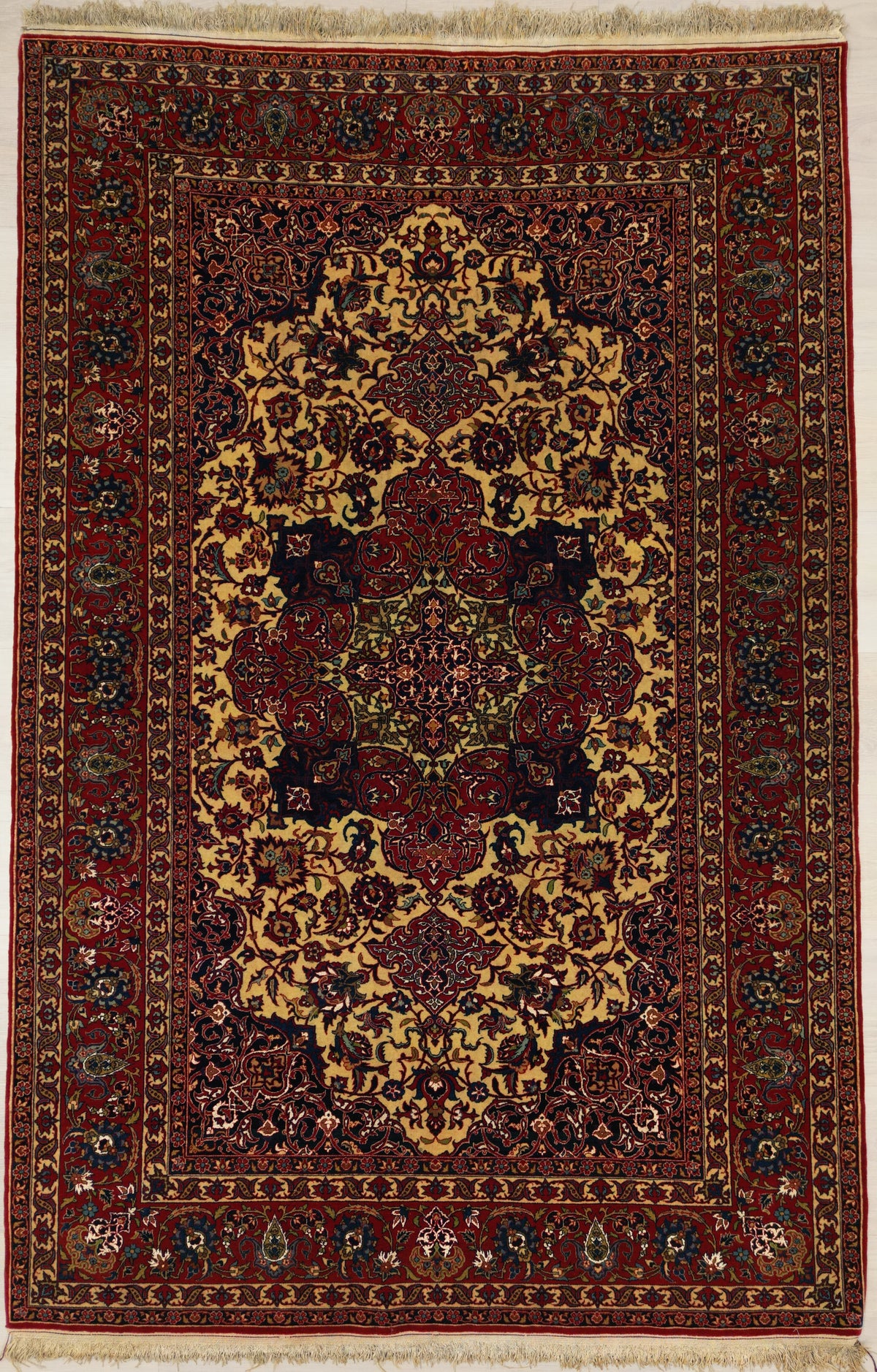 Antique Persian Isfahan Rug Circa 1920 | 4' 11" X 7' 4" | Red & Beige Colours | Floral Medallion Design | Urban Production