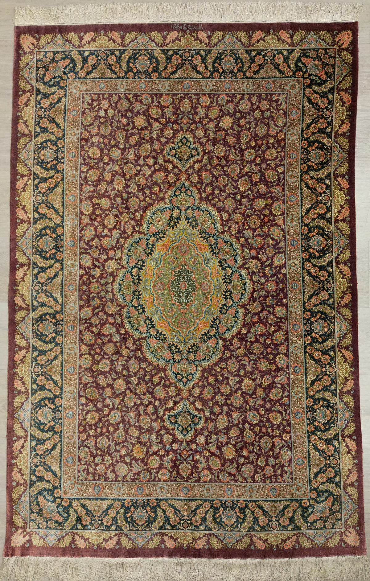 Persian Qom Rug | 4' 4" X 6' 7" | Pink & Green Colours | Floral Medallion Design | Pure Silk | Extremely Fine | Urban Production