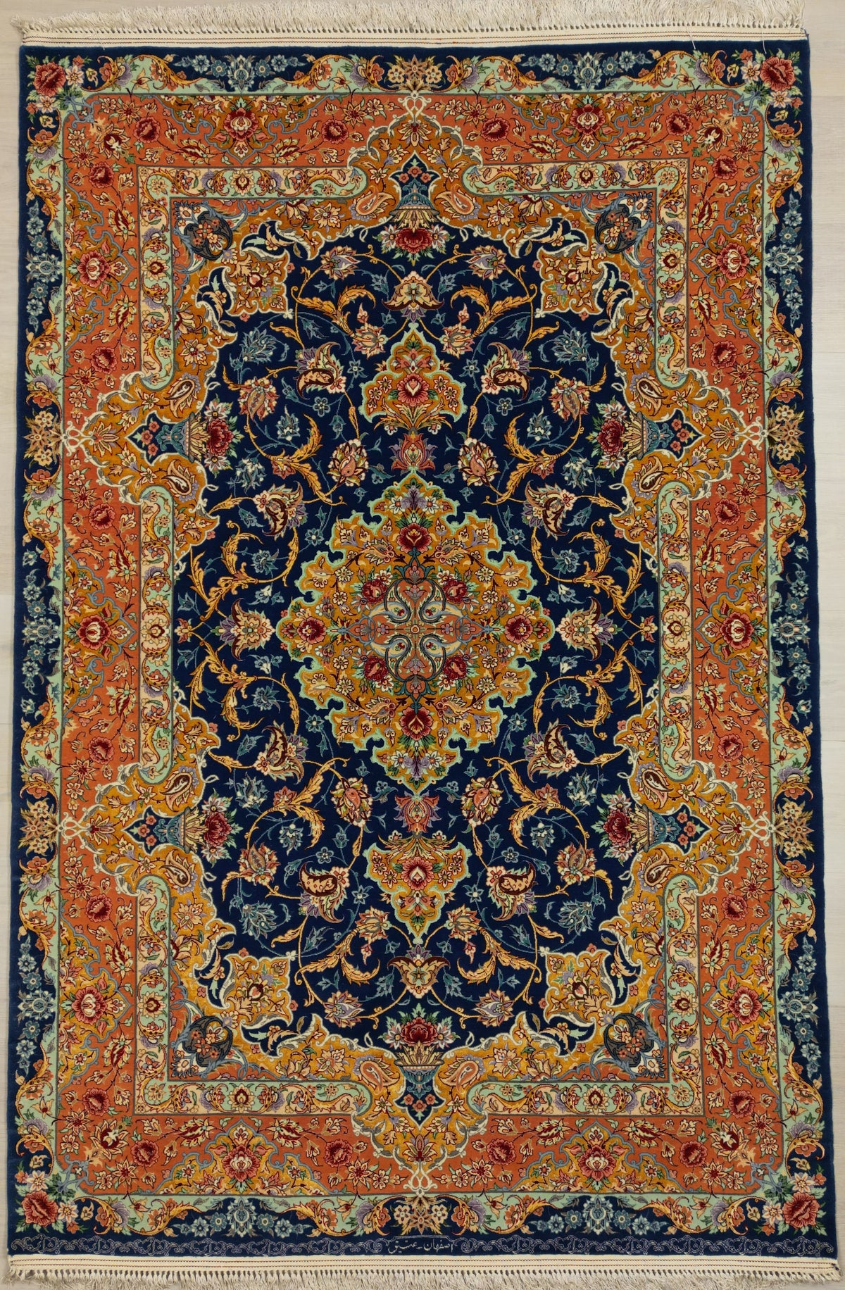 Persian Isfahan Rug | 5' 1" X 7' 8" | Blue & Peach Colours | Floral Medallion Design | Urban Production