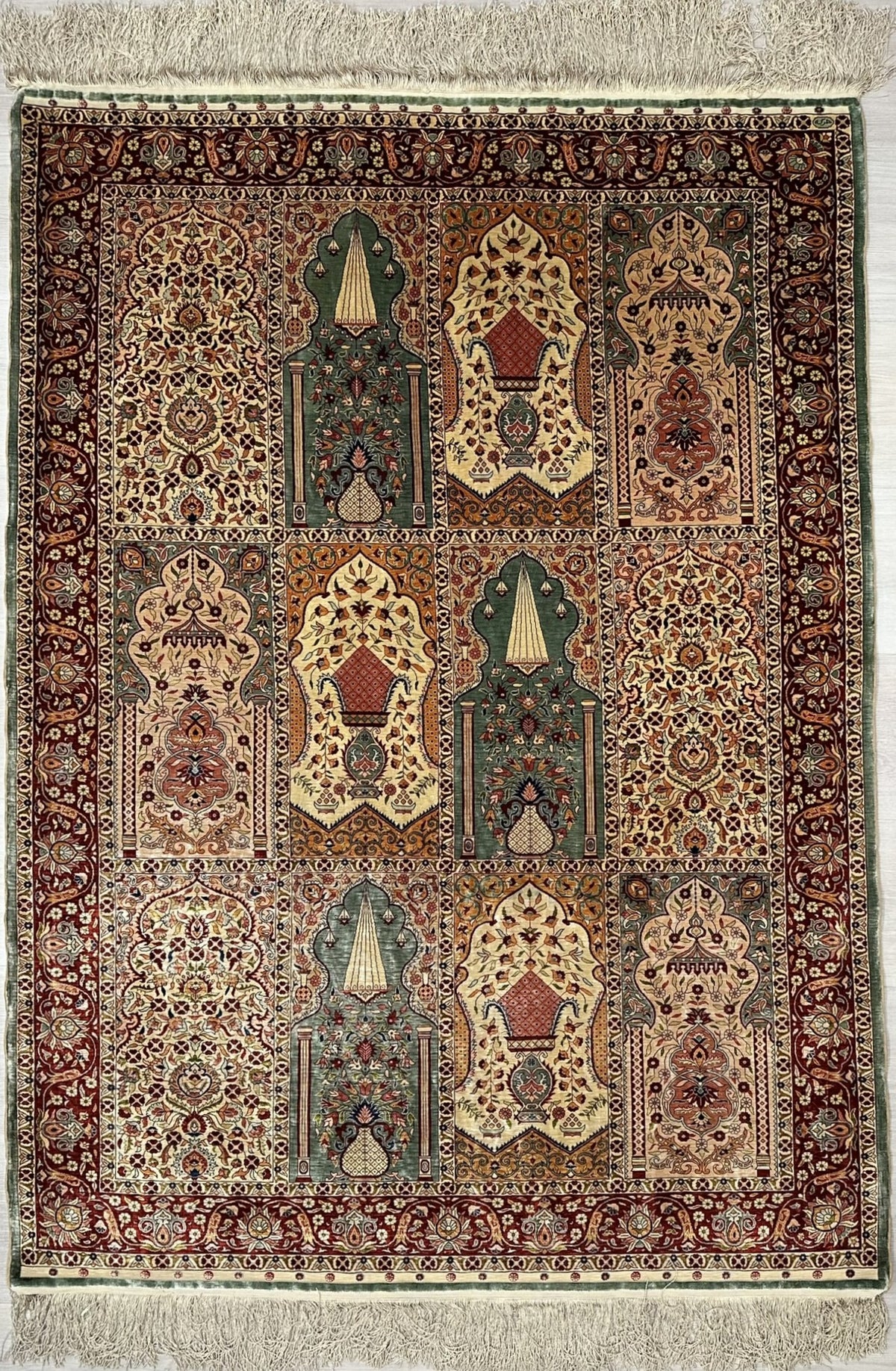 Vintage Turkish Hereke Rug Circa 1990 | 4' 3" X 5' 10" | Multicolour | Panel Design | Urban Production