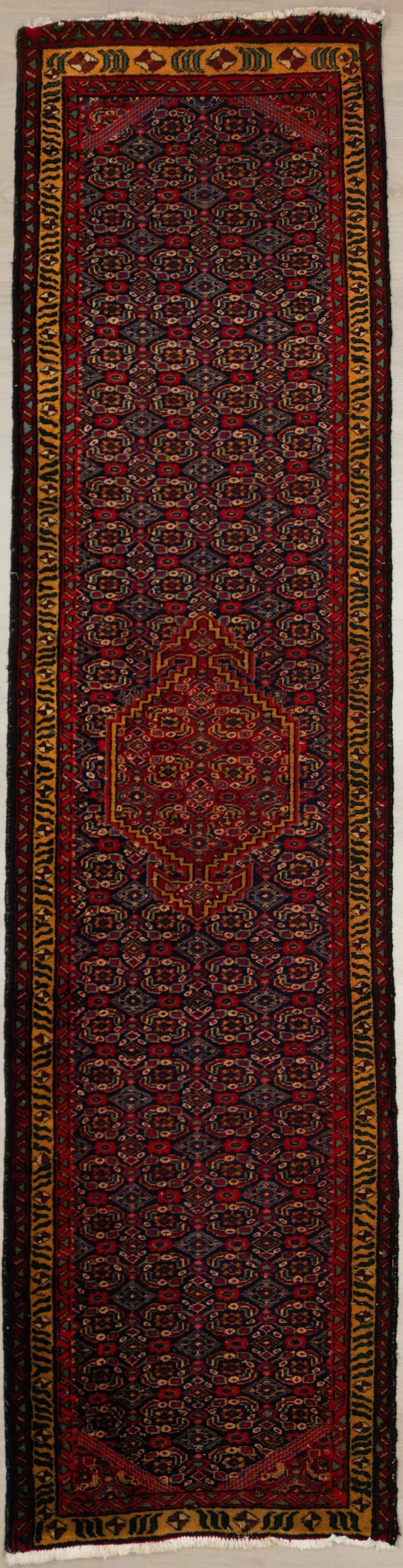 Persian Ardebil Runner | 2' 8" X 10' 0" | Midnight Blue & Red Colours | Geometric Design | Tribal Production