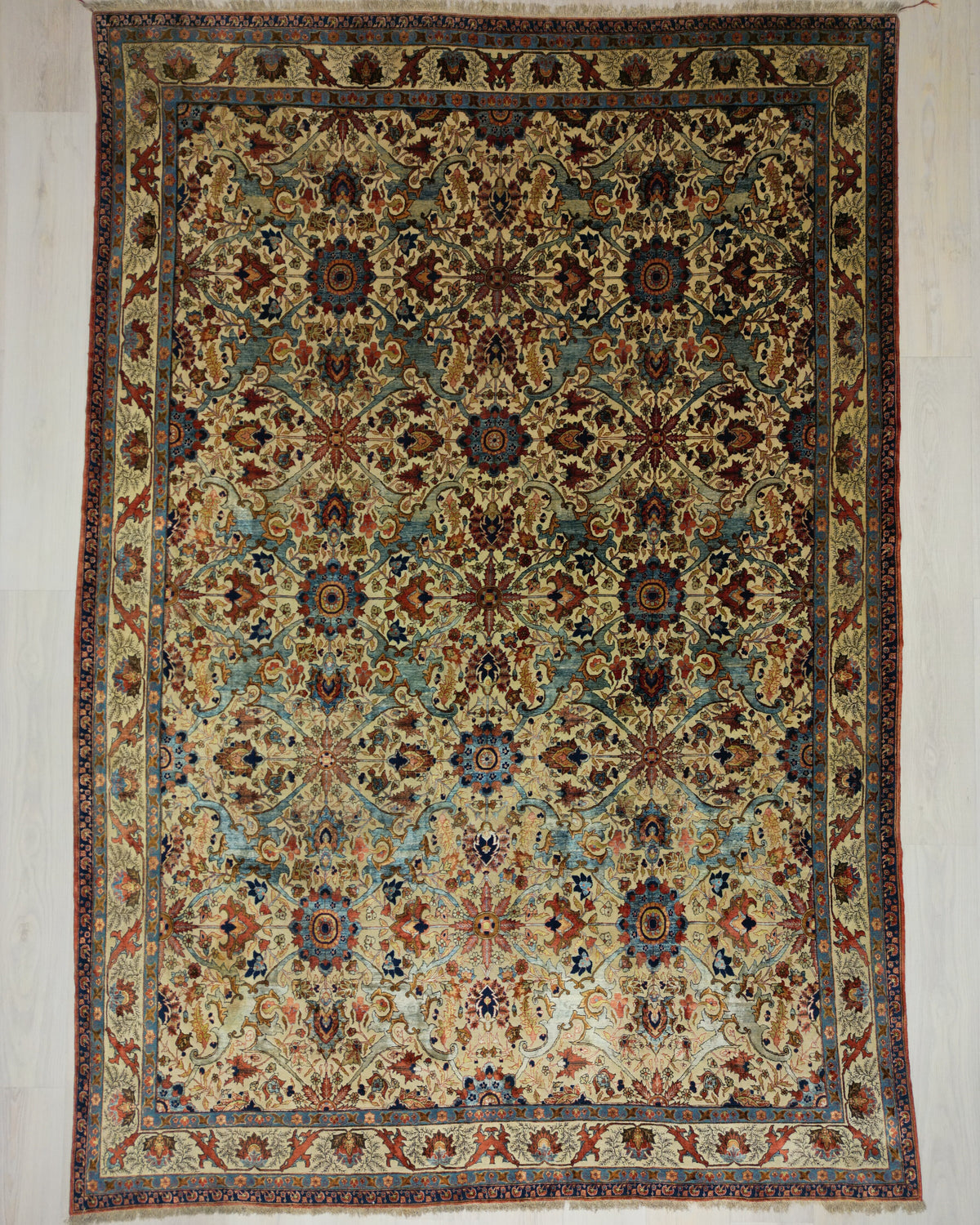 Antique Persian Tehran Rug Circa 1910 | 8' 4" X 11' 12" | Blue & Cream Colours | Allover Design | Urban Production