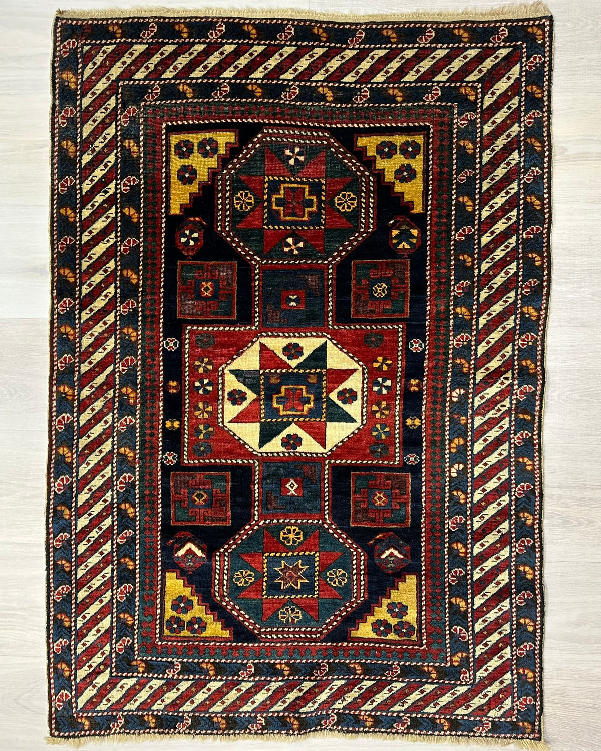 Antique Persian Baku-Khila Rug Circa 1900 | 3' 7" X 5' 5" | Multicolour | Geometric Design | Tribal Production