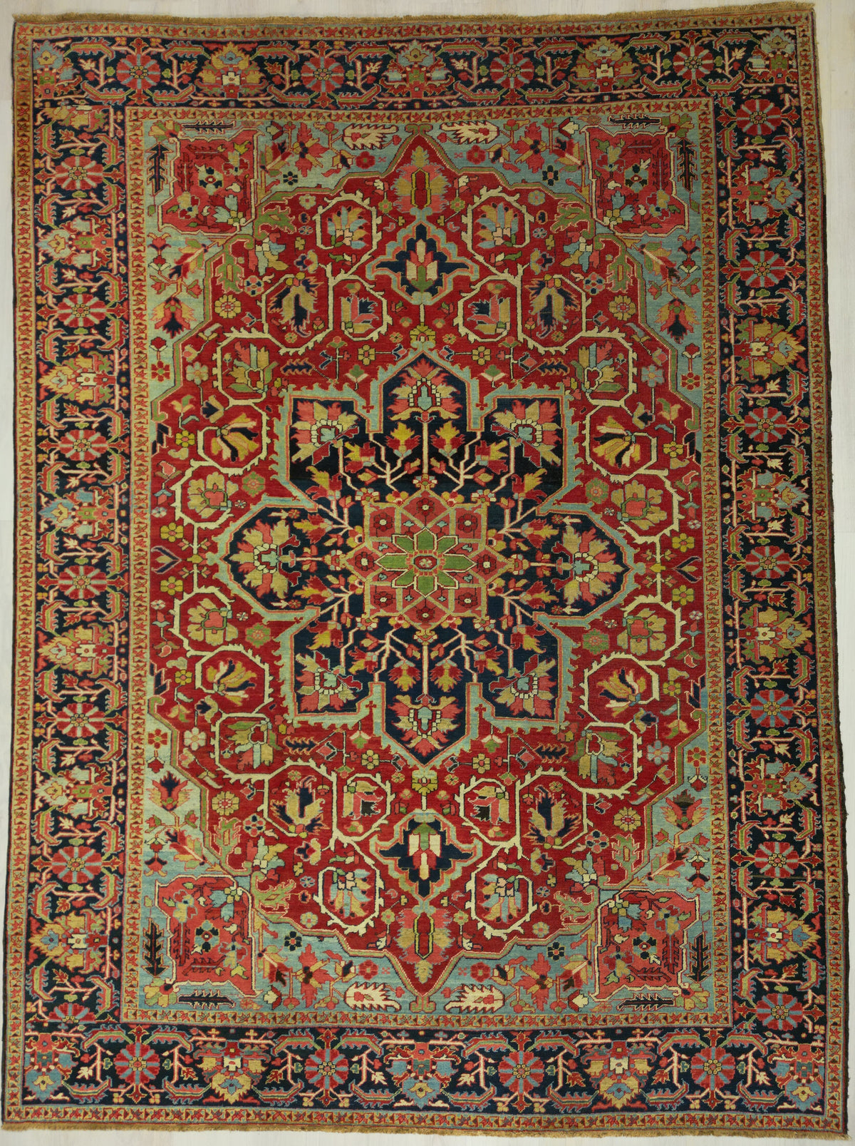 Antique Persian Heriz Rug Circa 1910 | 9' 6" X 12' 8" | Red & Blue Colours | Geometric Medallion Design | Tribal Production