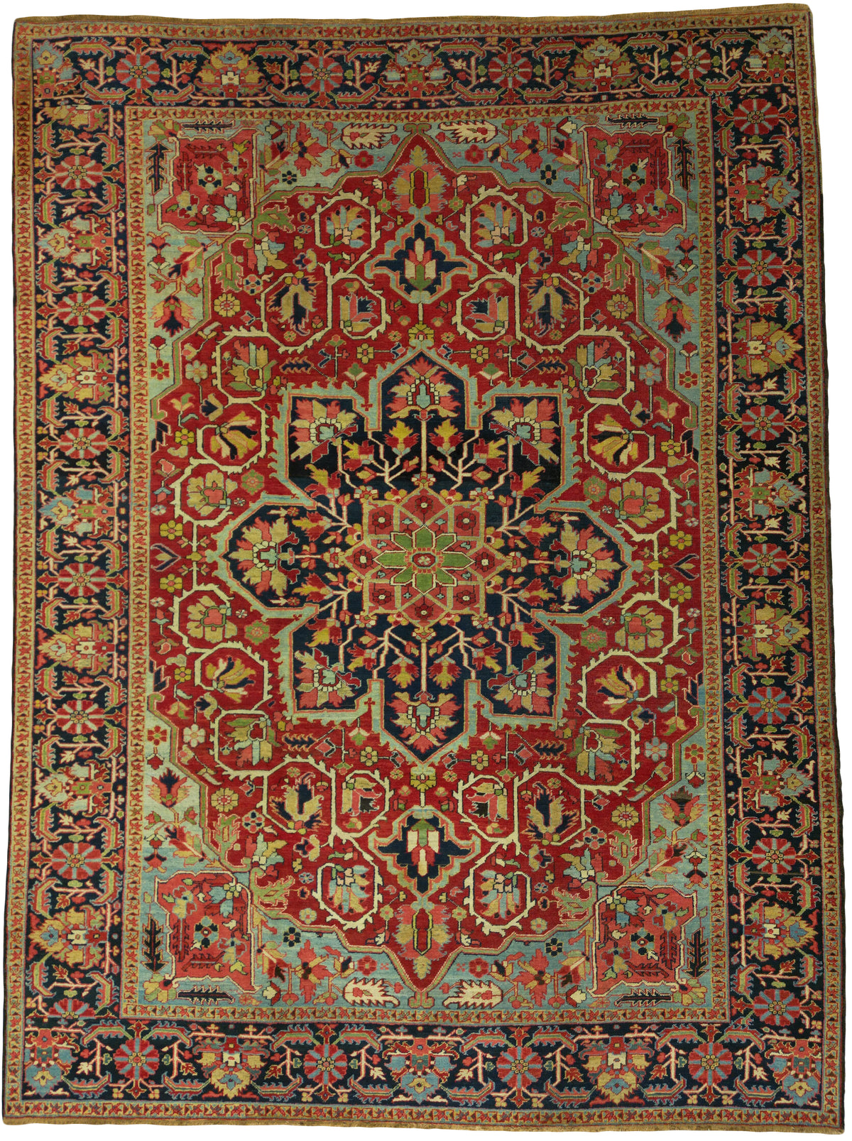 Antique Persian Heriz Rug Circa 1910 | 9' 6" X 12' 8" | Red & Blue Colours | Geometric Medallion Design | Tribal Production