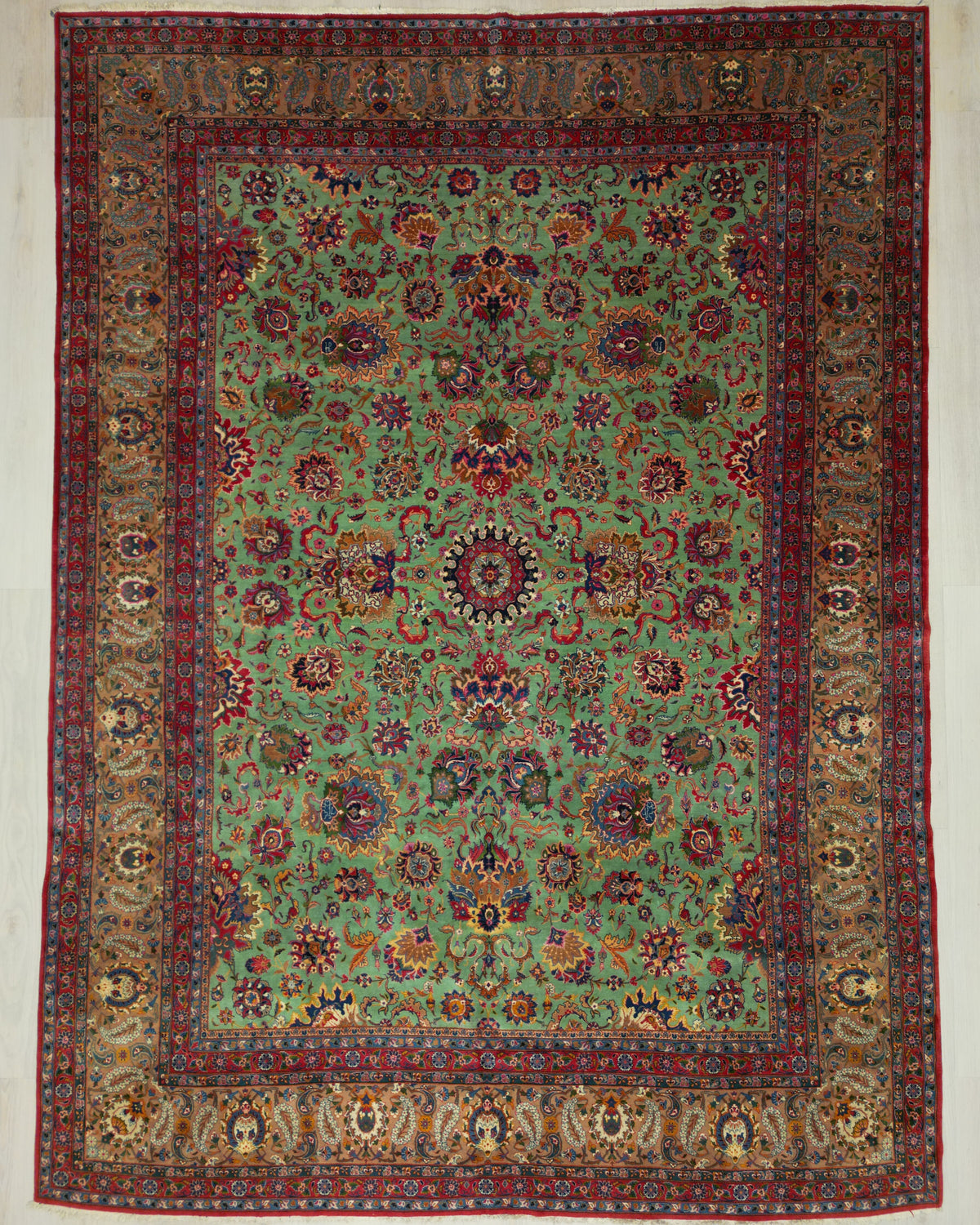 Vintage Persian Kashan Rug Circa 1950 | 8' 12" X 12' 3" | Green Colour | Allover Design | Urban Production