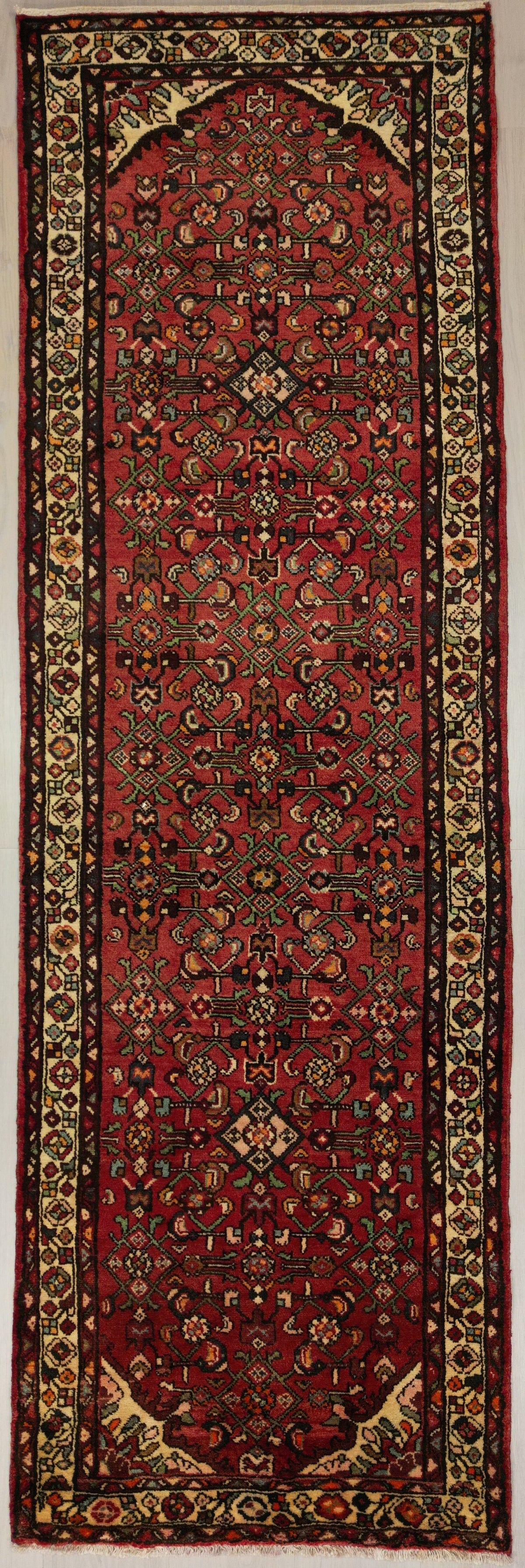 Persian Hamadan Hosseinabad Rug | 3' 4" X 10' 3" | Red & White Colours | Geometric Design | Tribal Production
