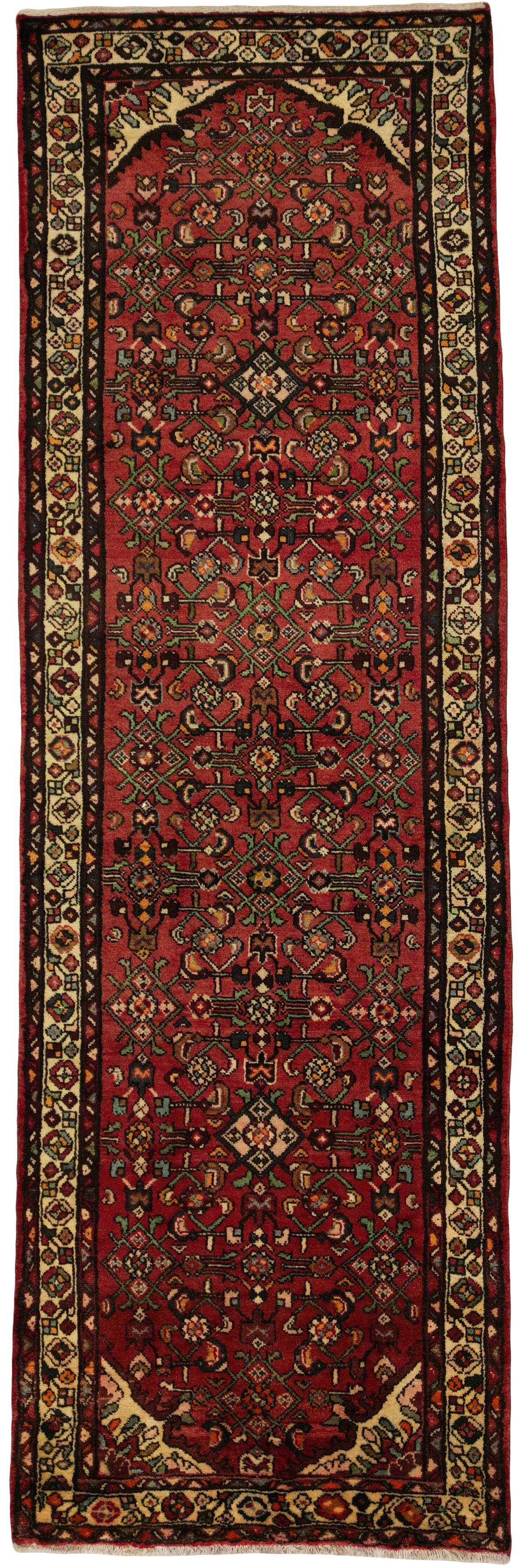 Persian Hamadan Hosseinabad Rug | 3' 4" X 10' 3" | Red & White Colours | Geometric Design | Tribal Production
