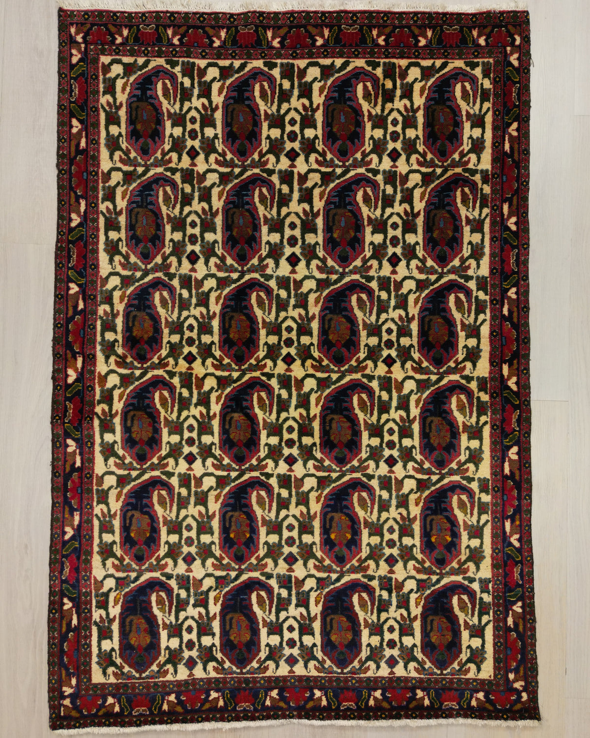 Persian Sirjan Rug | 4' 1" X 5' 12" | Cream & Blue Colours | Allover Paisley Design | Tribal Production