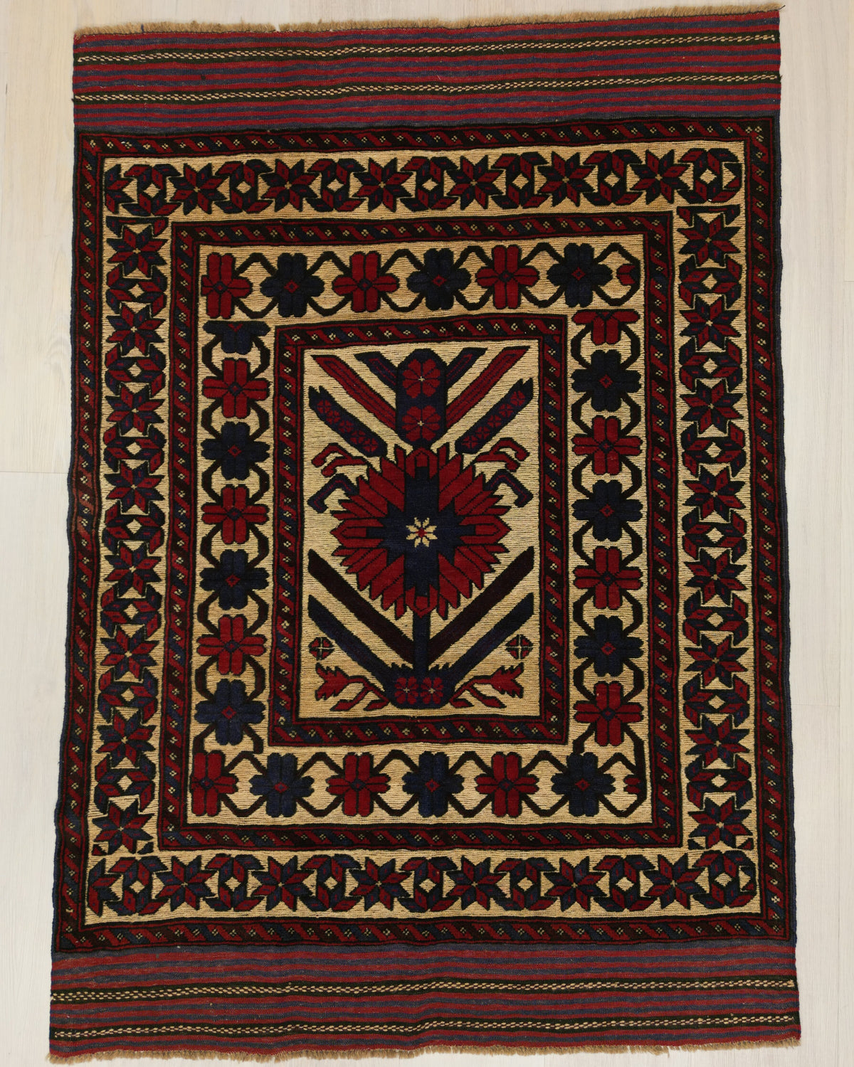 Persian Afghan Carpet-Kilim Rug | 4' 2" X 5' 10" | Cream & Red Colours | Geometric Design | Tribal Production
