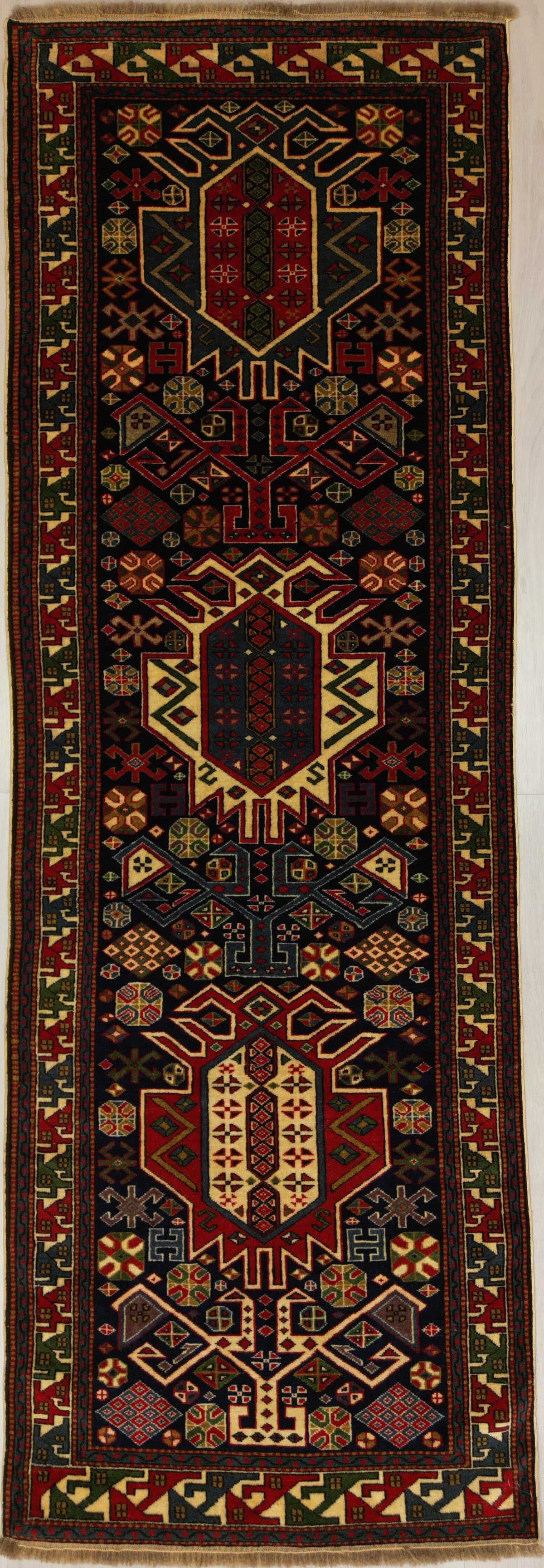 Caucasian Reproduction Runner | 2' 10" X 8' 6" | Midnight Blue & Red Colours | Geometric Design | Urban Production