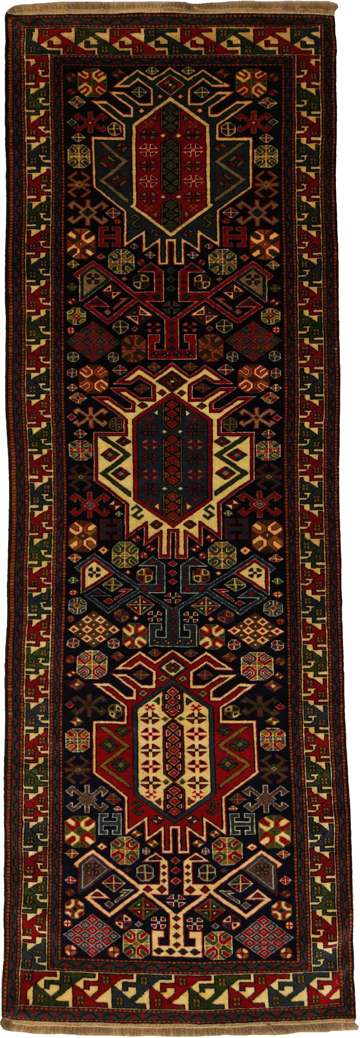 Caucasian Reproduction Runner | 2' 10" X 8' 6" | Midnight Blue & Red Colours | Geometric Design | Urban Production