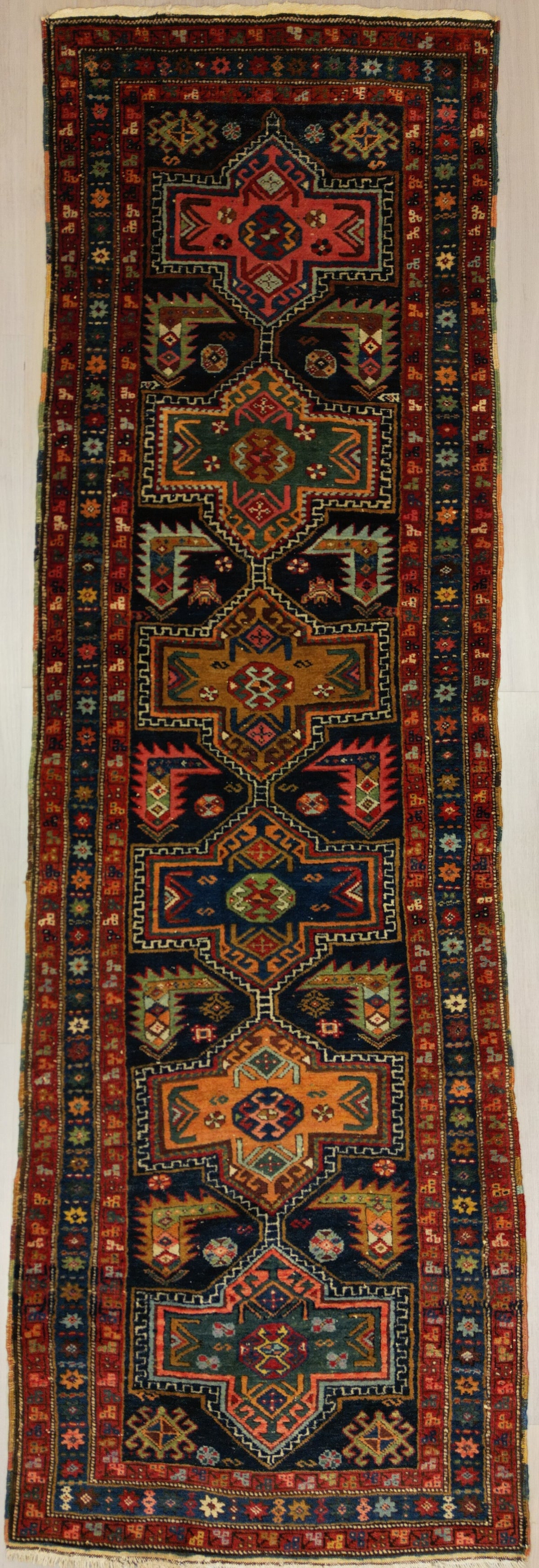 Antique Caucasian Kazak Runner Circa 1900 | 3' 3" X 10' 6" | Multicolour | Geometric Design | Tribal Production