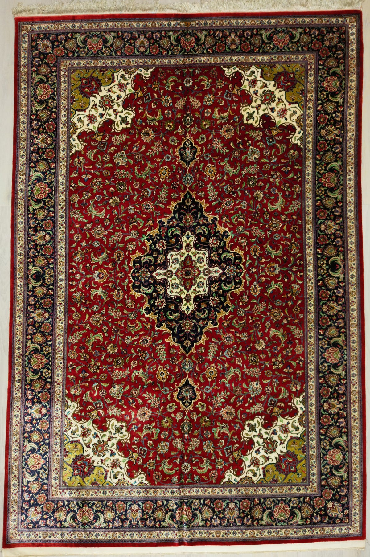 Persian Qom Rug | 6' 7" X 9' 11" | Red Colour | Floral Medallion Design | Pure Silk | Extremely Fine | Urban Production