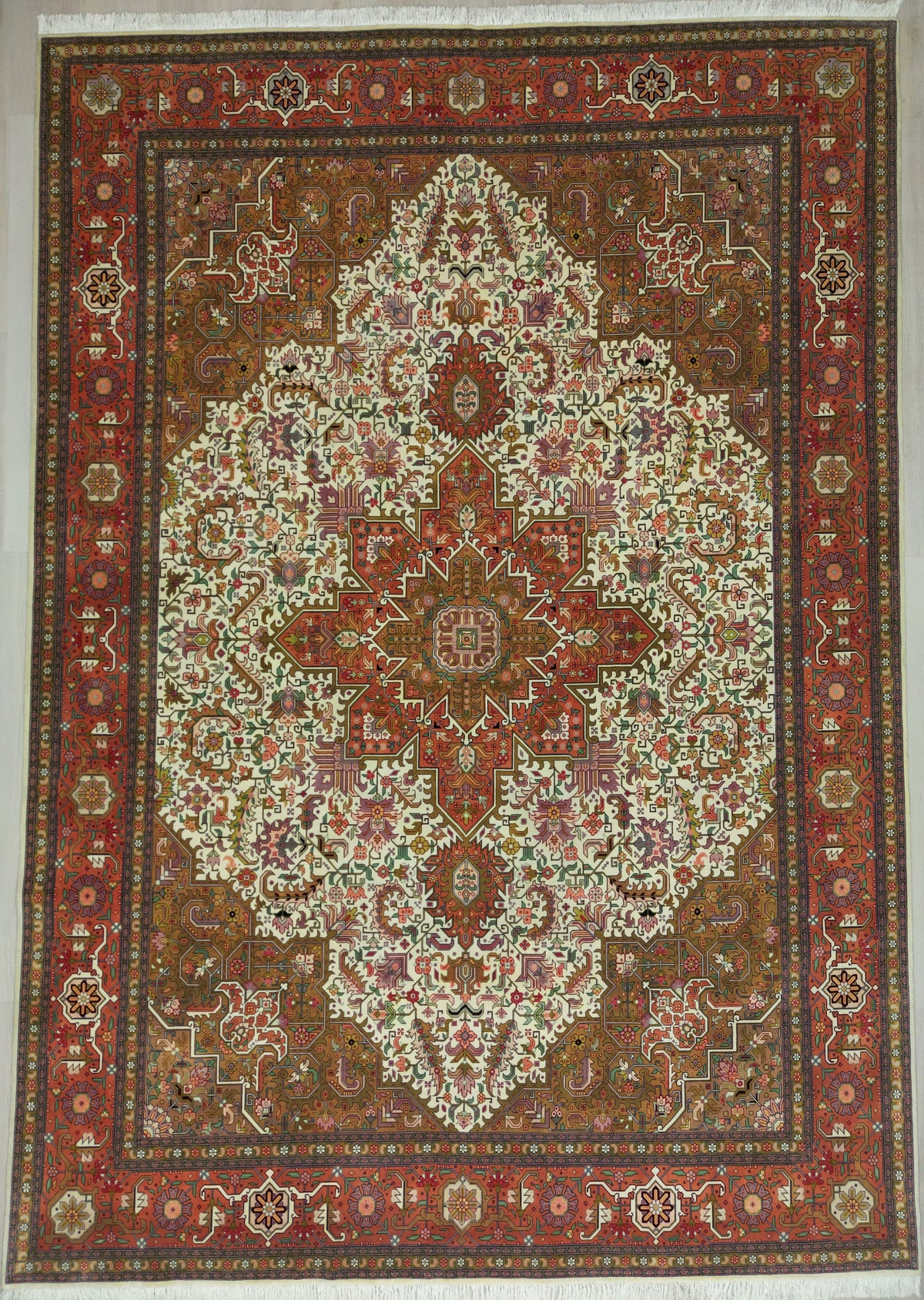 Persian Tabriz Rug | 10' 0" X 14' 3" | Cream & Coral Colours | Heriz Geometric Medallion Design | Urban Production