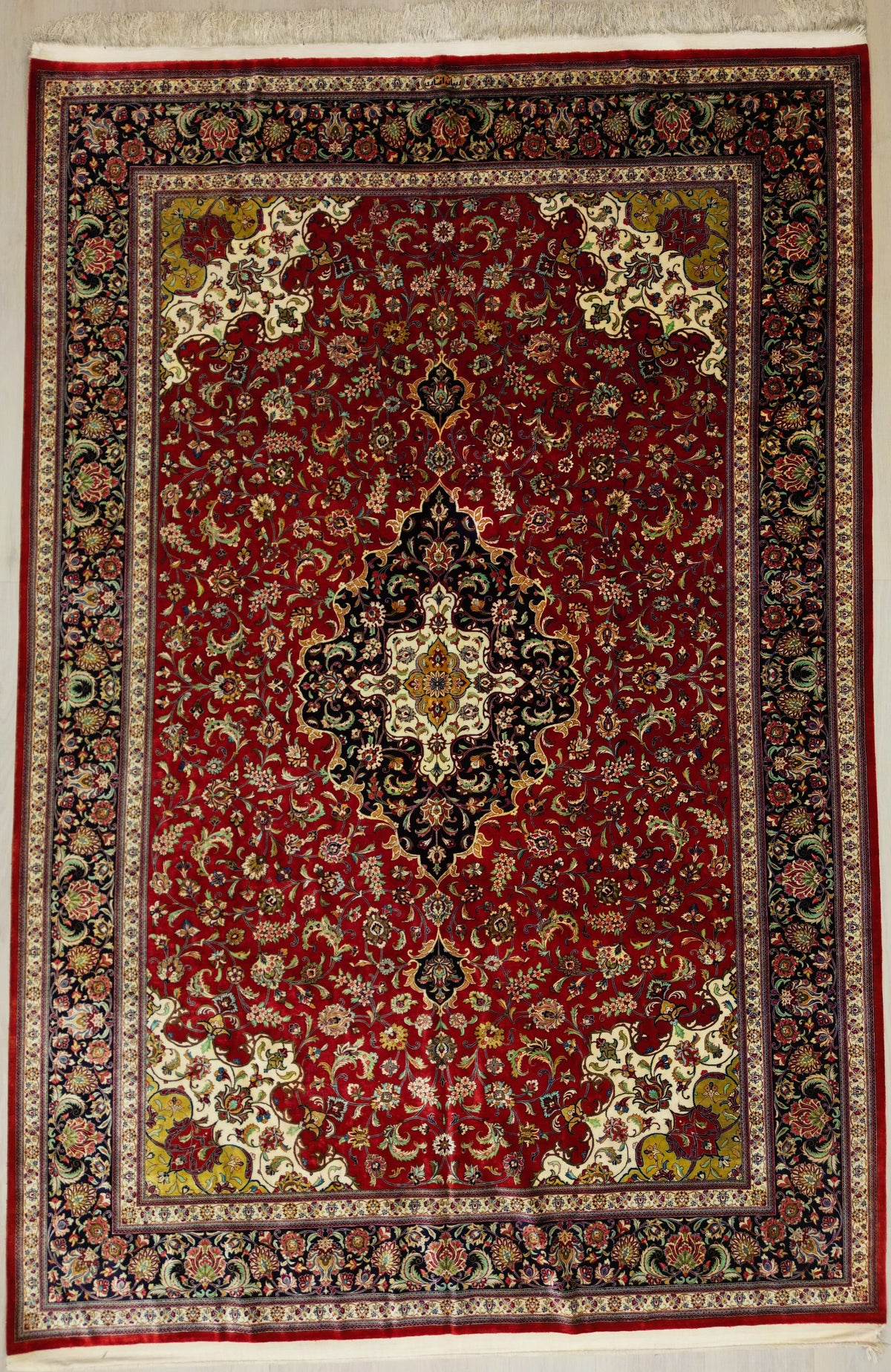 Persian Qom Rug | 6' 7" X 9' 11" | Red Colour | Floral Medallion Design | Pure Silk | Extremely Fine | Urban Production