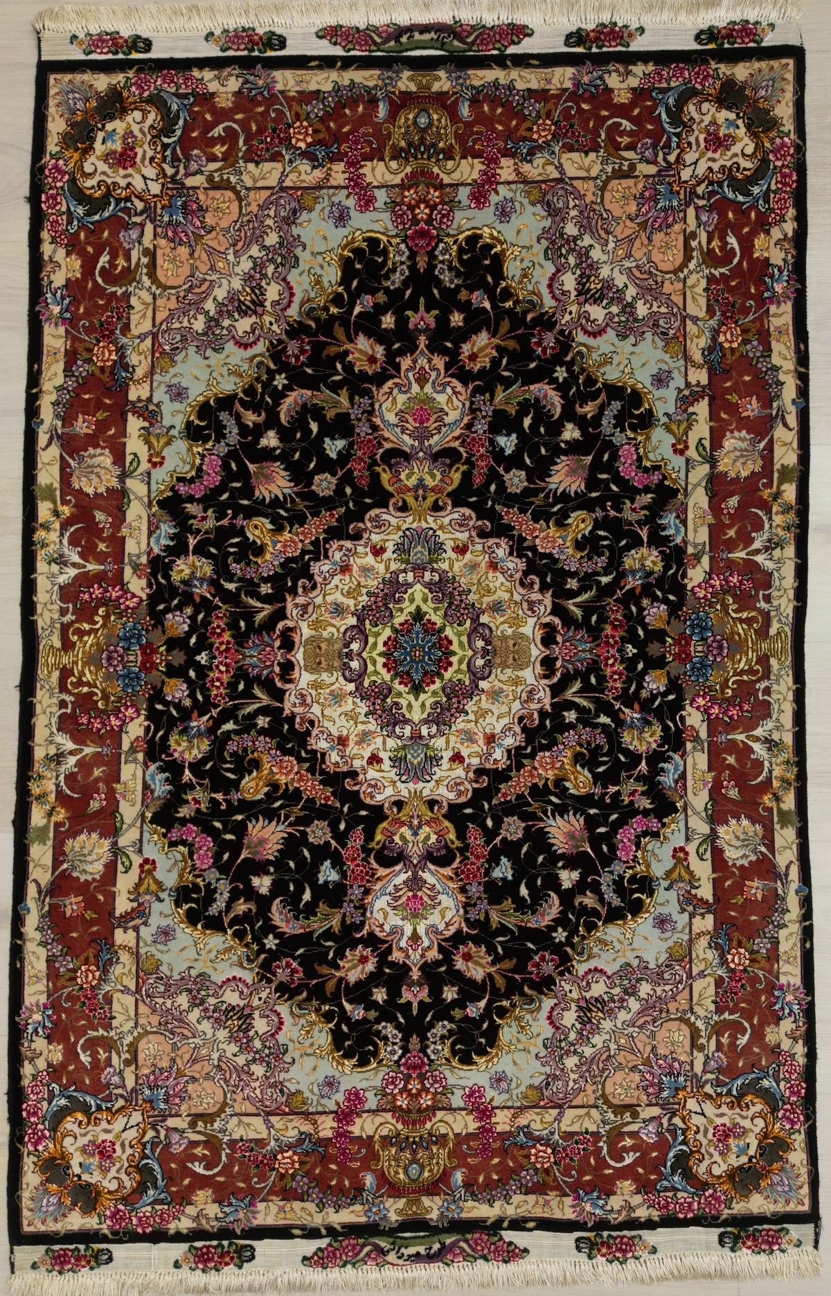 Persian Tabriz Rug | 3' 3" X 4' 11" | Black & Peach Colours | Floral Medallion Design | Urban Production