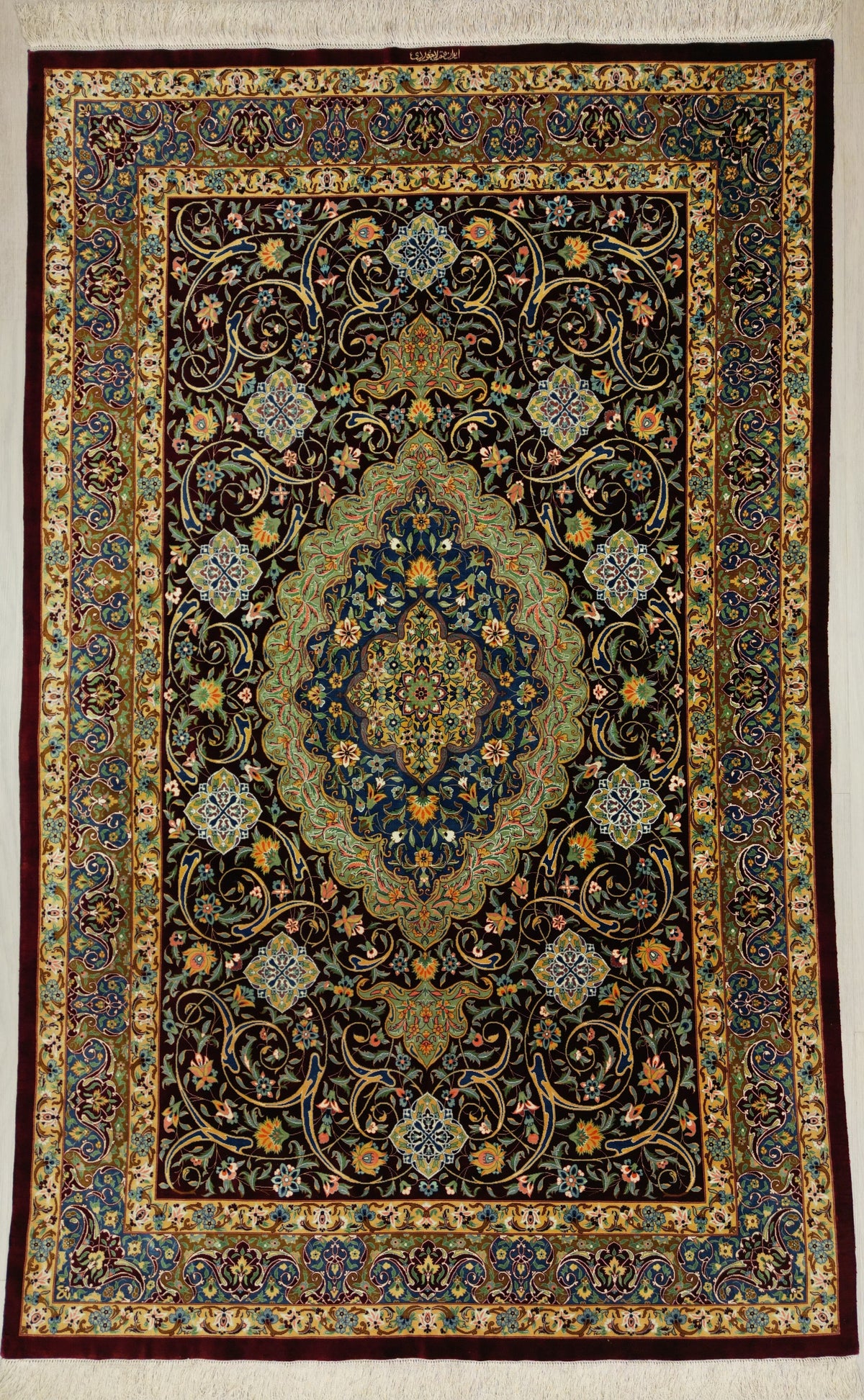 Persian Qom Rug | 4' 2" X 6' 8" | Red & Blue Colours | Floral Medallion Design | Pure Silk | Extremely Fine | Urban Production