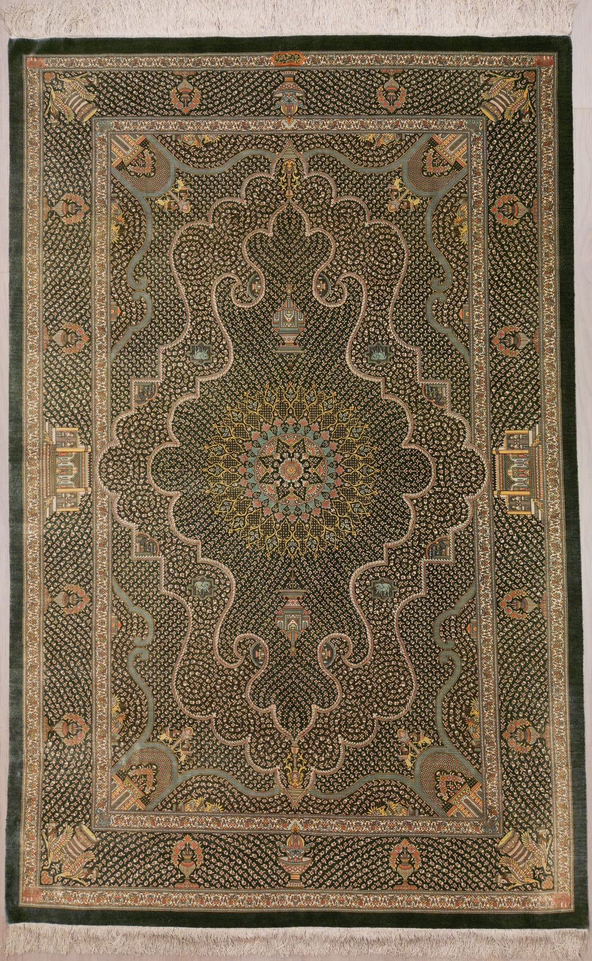 Persian Qom Rug | 4' 5" X 6' 10" | Green Colour | Floral Medallion Design | Pure Silk | Extremely Fine | Urban Production