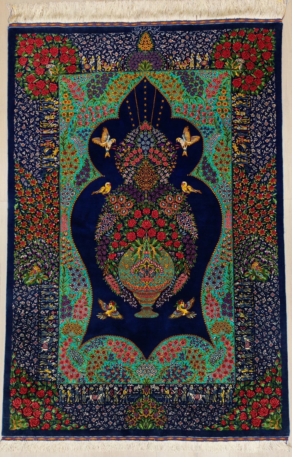 Persian Qom Rug | 3' 3" X 4' 9" | Blue Colour | Pure Silk | Extremely Fine | Urban Production