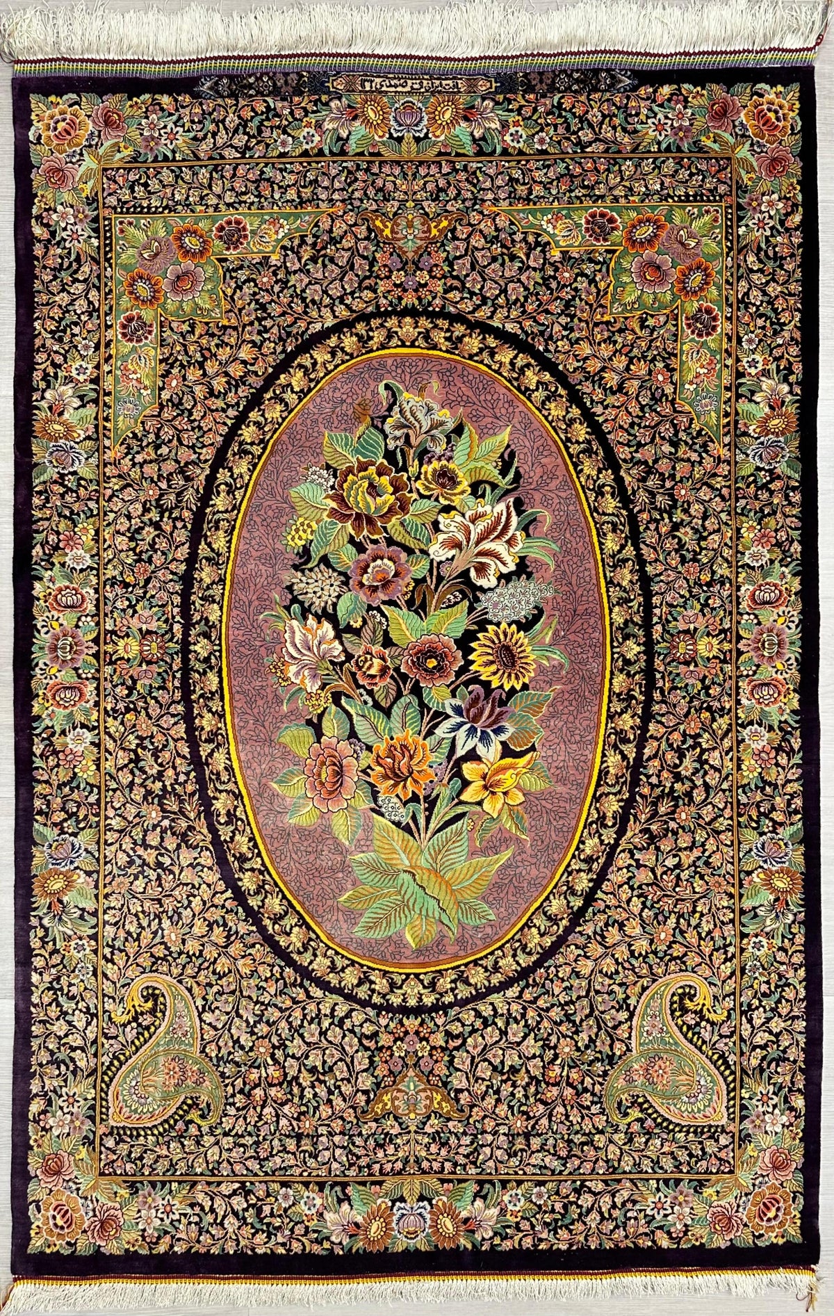 Persian Qom Rug | 3' 4" X 4' 11" | Purple Colour | Pure Silk | Extremely Fine | Urban Production