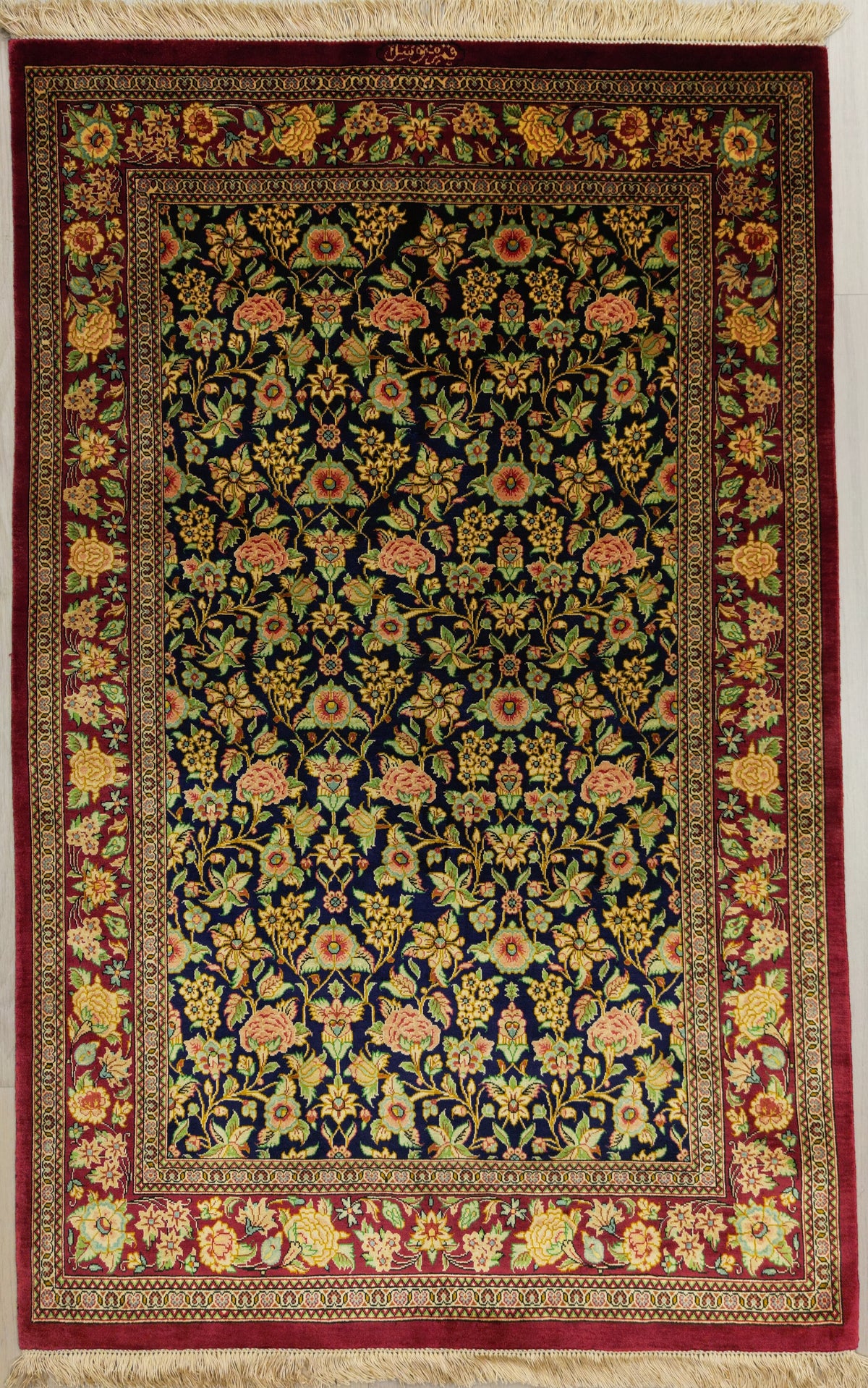 Persian Qom Rug | 2' 7" X 4' 1" | Midnight Blue & Red Colours | Floral Allover Design | Pure Silk | Extremely Fine | Urban Production