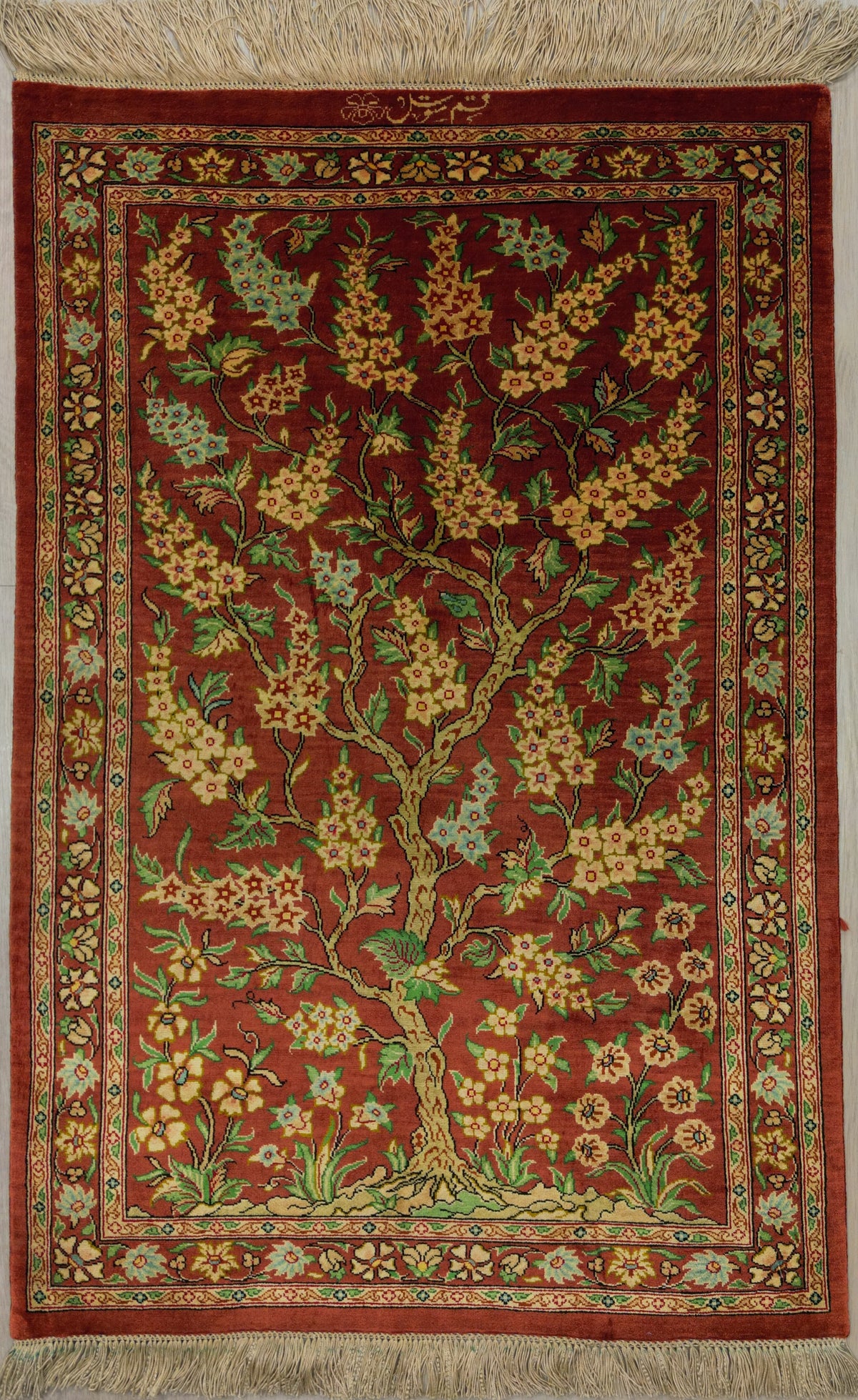 Persian Qom Rug | 1' 11" X 2' 10" | Orange Colour | Pure Silk | Urban Production
