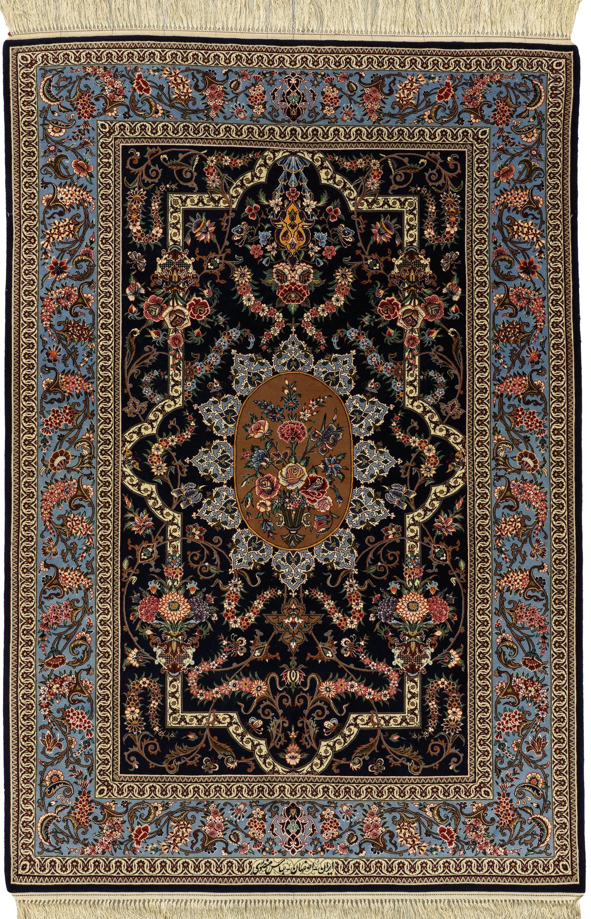 Persian Isfahan Rug | 4' 3" X 6' 2" | Midnight Blue Colour | Floral Medallion Design | Urban Production